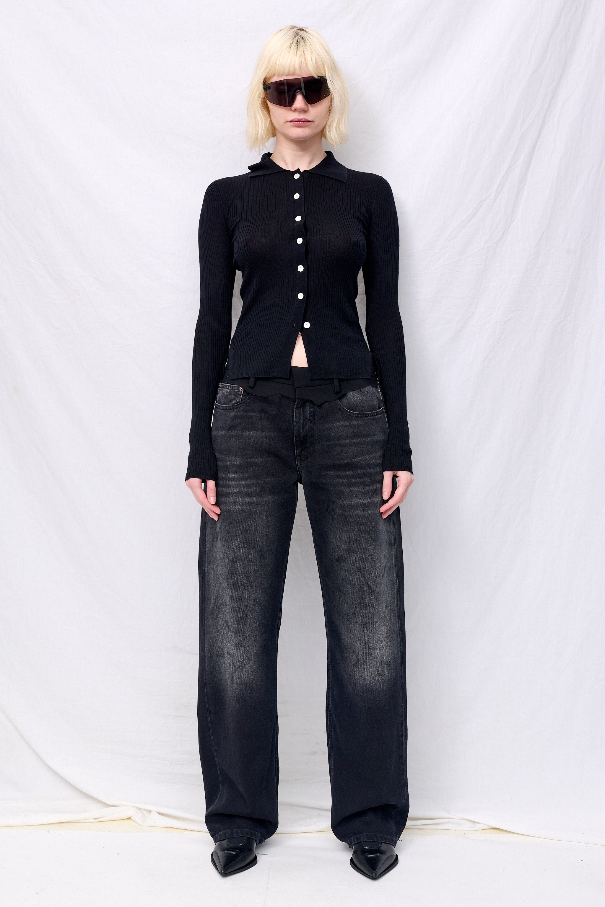 Black Silk Cashmere Ribbed Shirt Cardigan