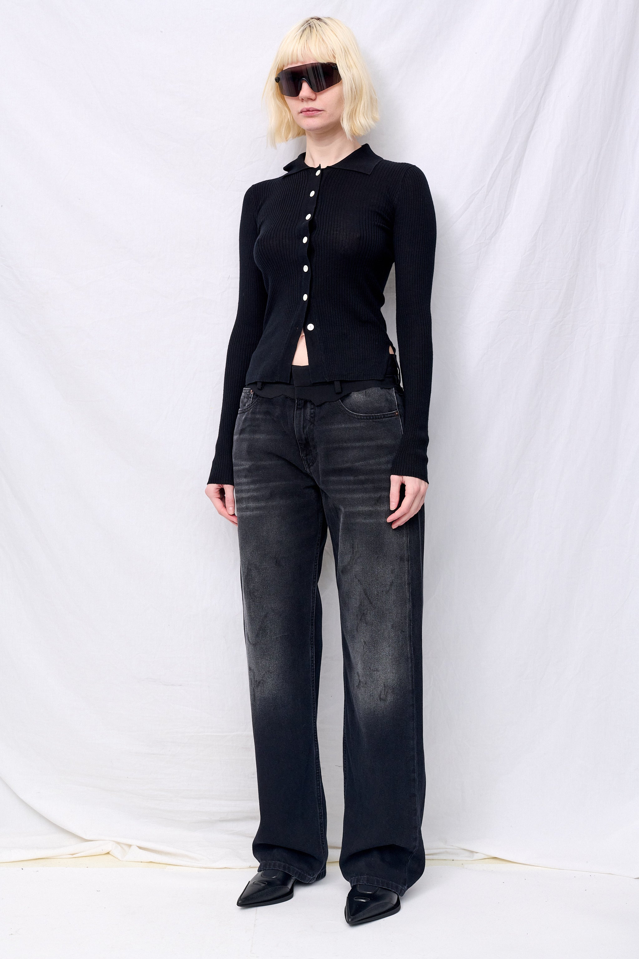 Black Silk Cashmere Ribbed Shirt Cardigan