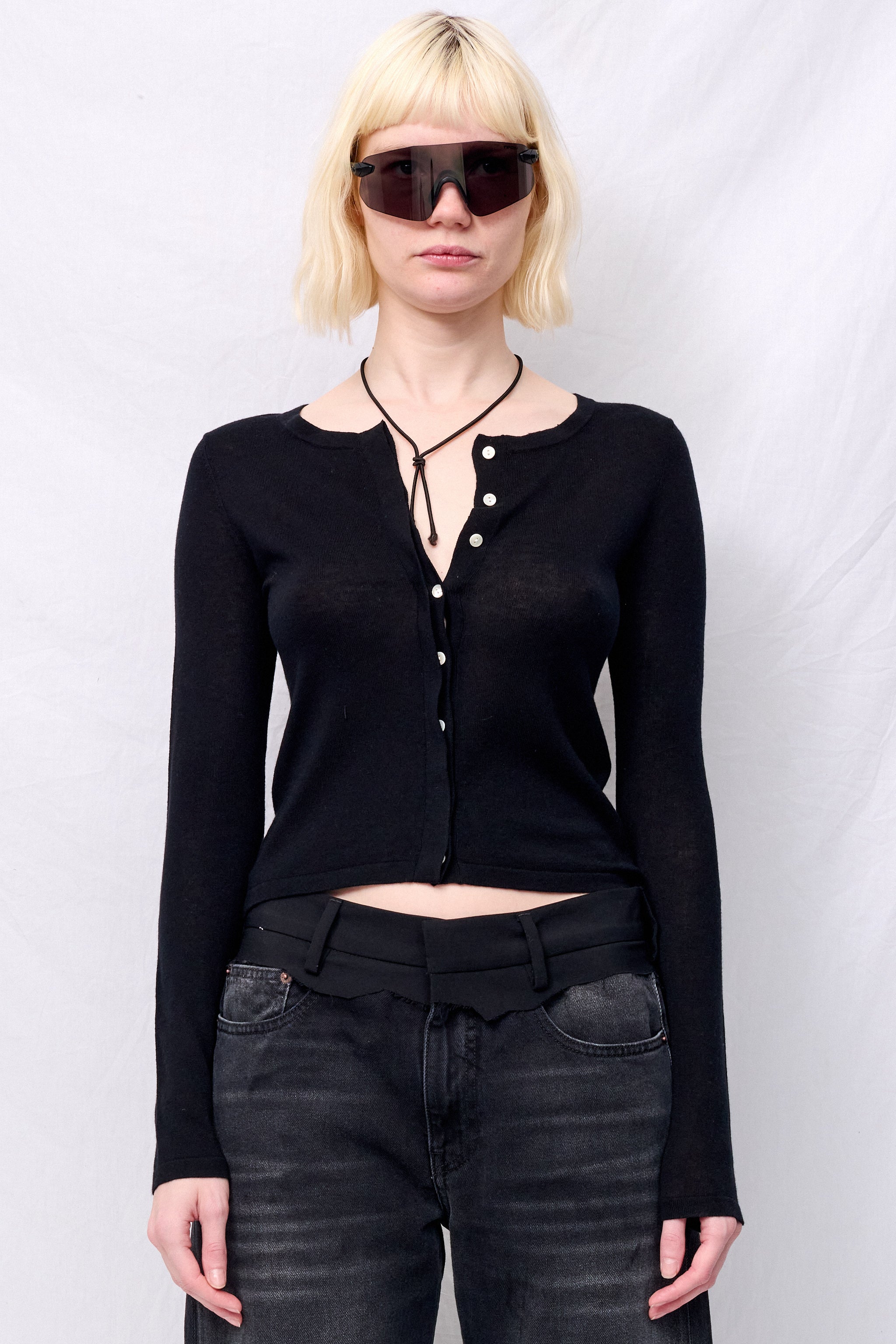 Black Silk Cashmere Hidden Buttoned Cardigan