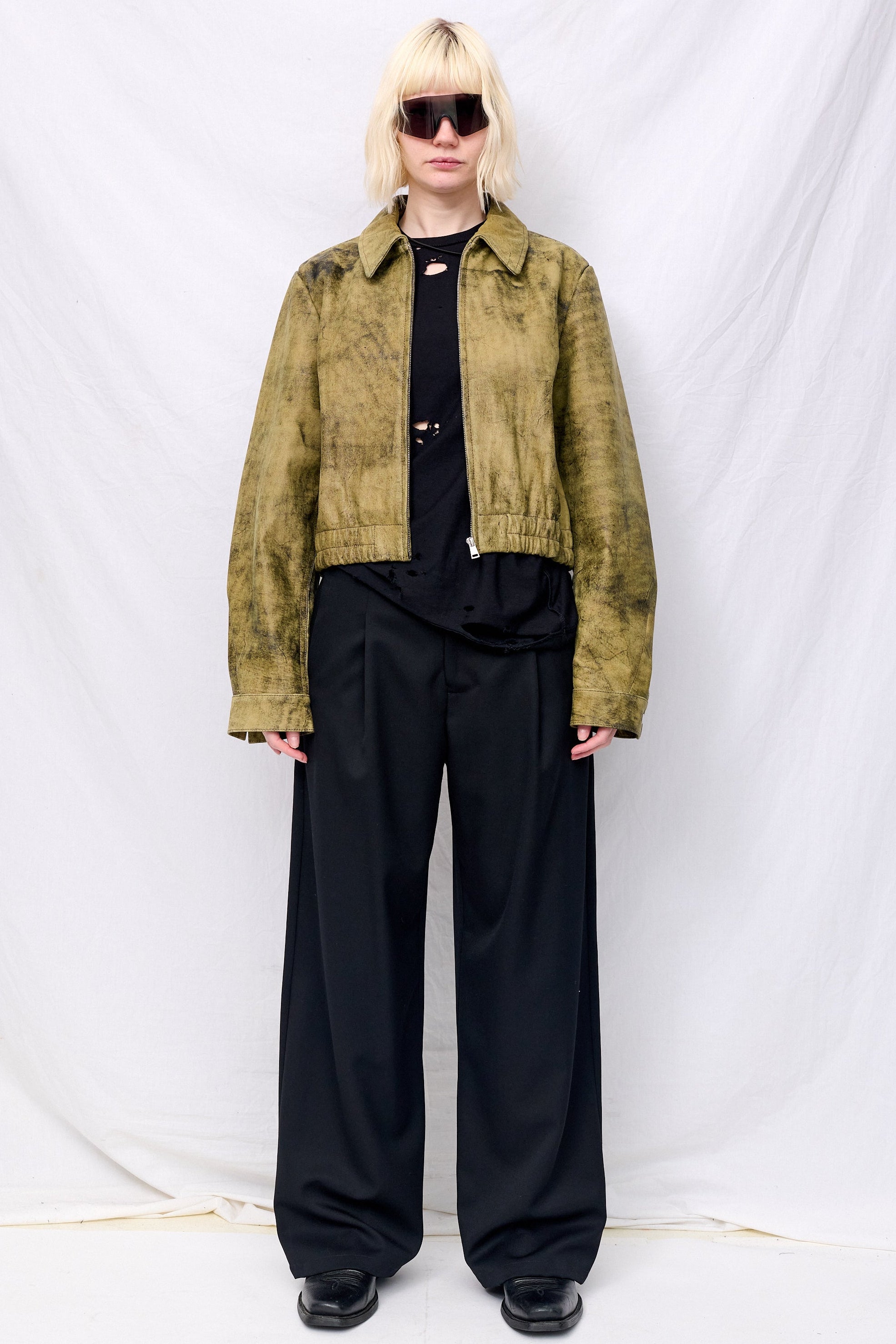 VINTAGE加工 BoTT CreativeDrugStore ジャケット Antique Olive Leather Shrunken Zip Jacket - Assembly New York