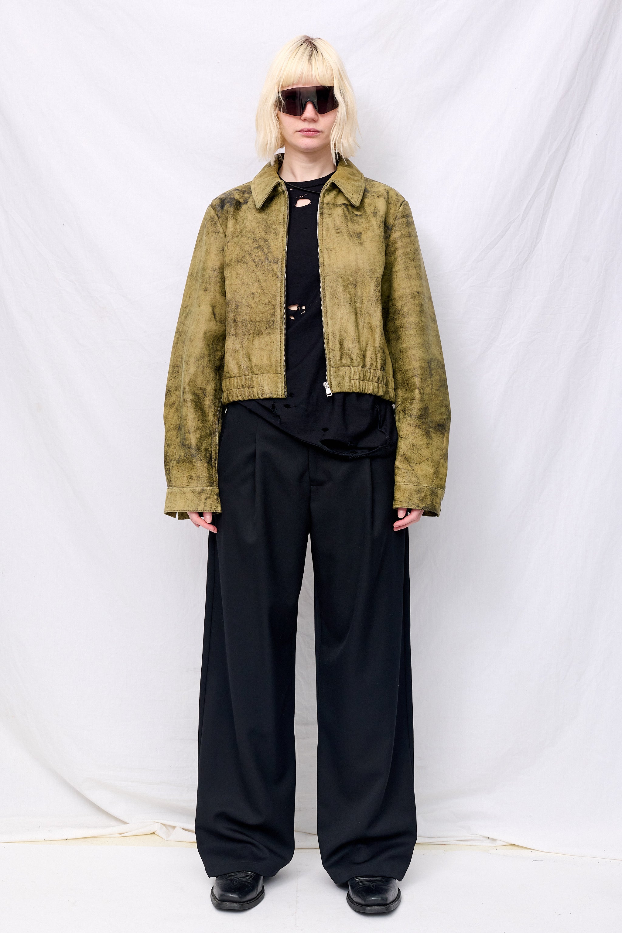 Antique Olive Leather Shrunken Zip Jacket