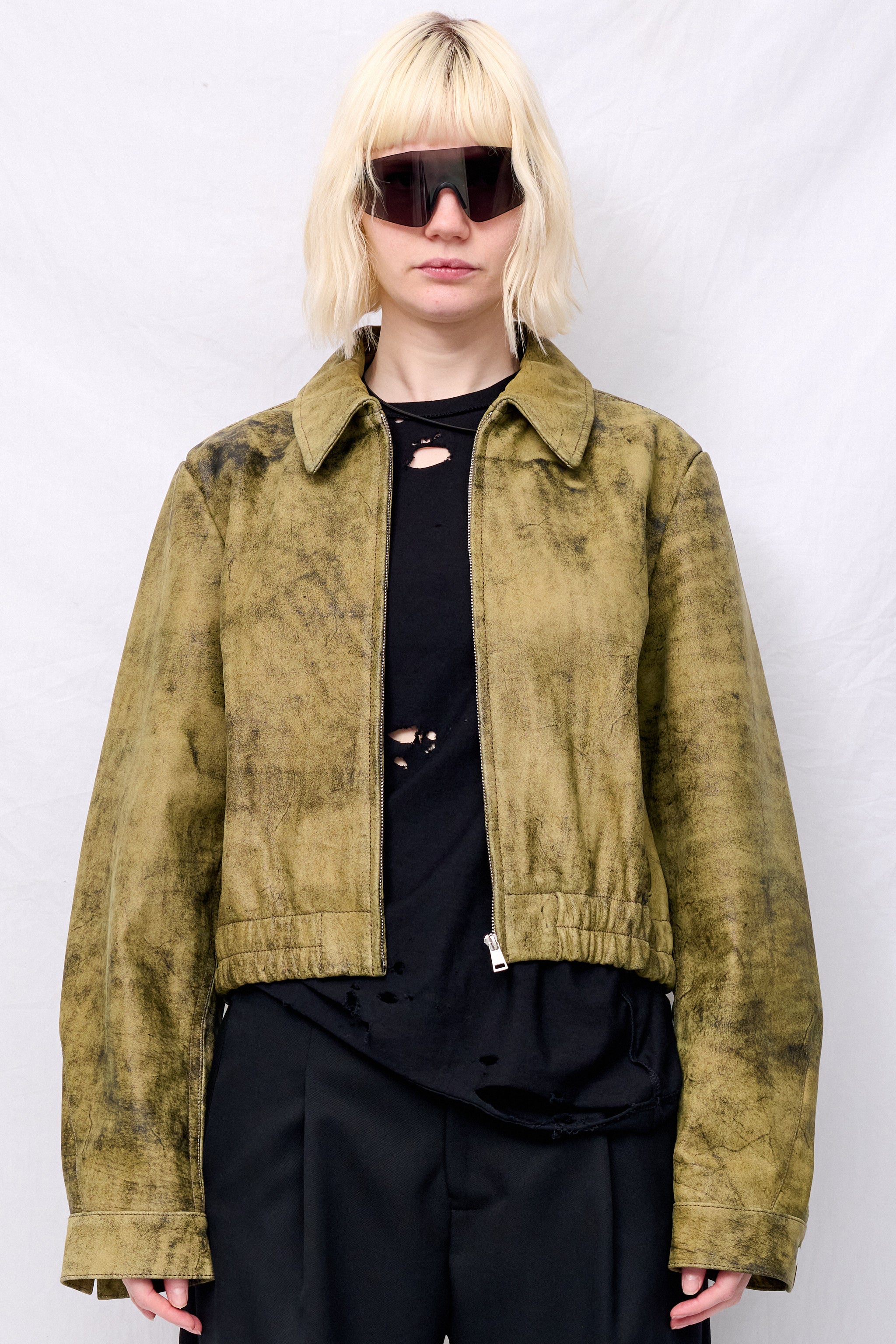 Antique Olive Leather Shrunken Zip Jacket