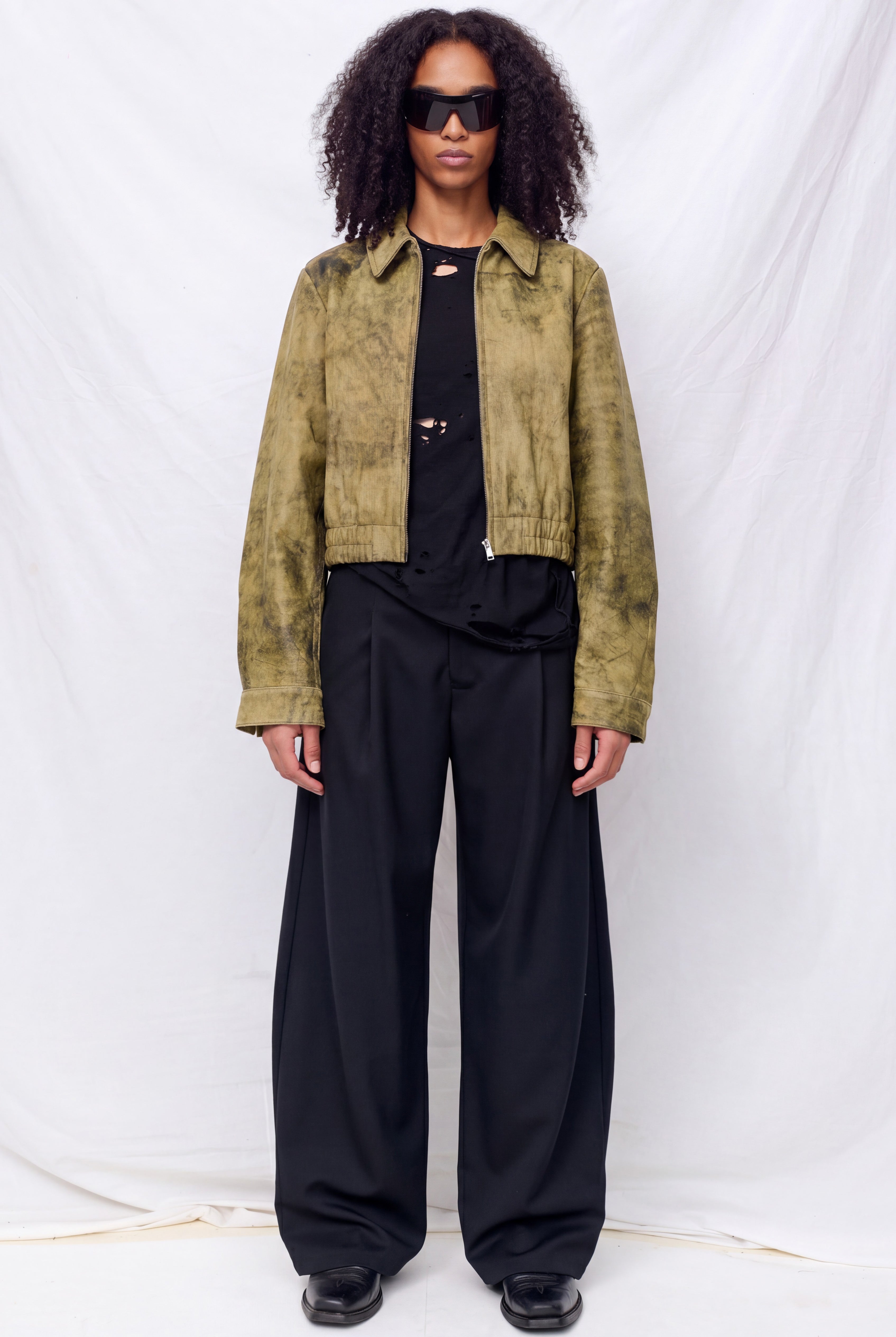 Antique Olive Leather Shrunken Zip Jacket