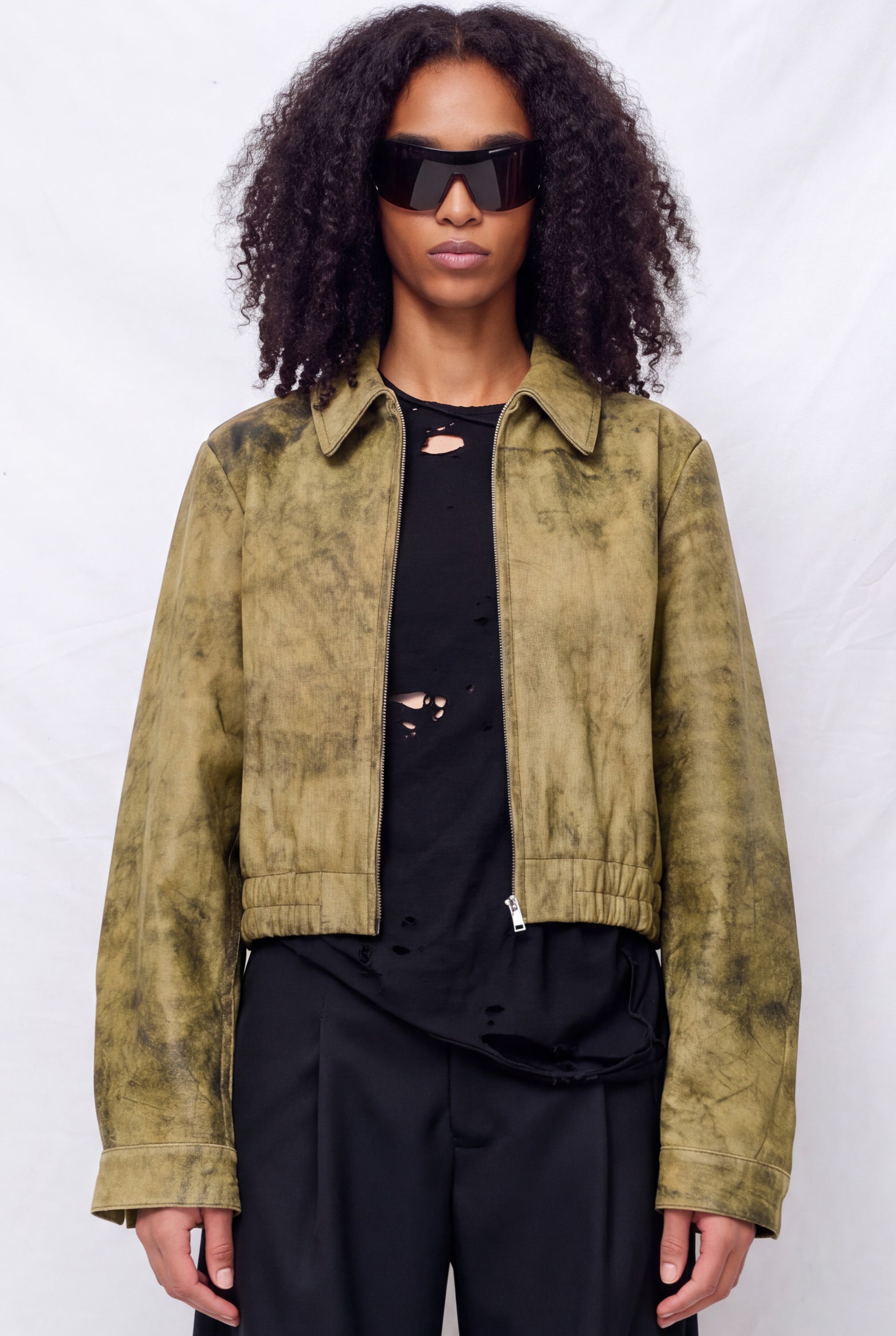 GOLD PFEILヴィンテージレザーコートカーキ Antique Olive Leather Shrunken Zip Jacket - Assembly New York