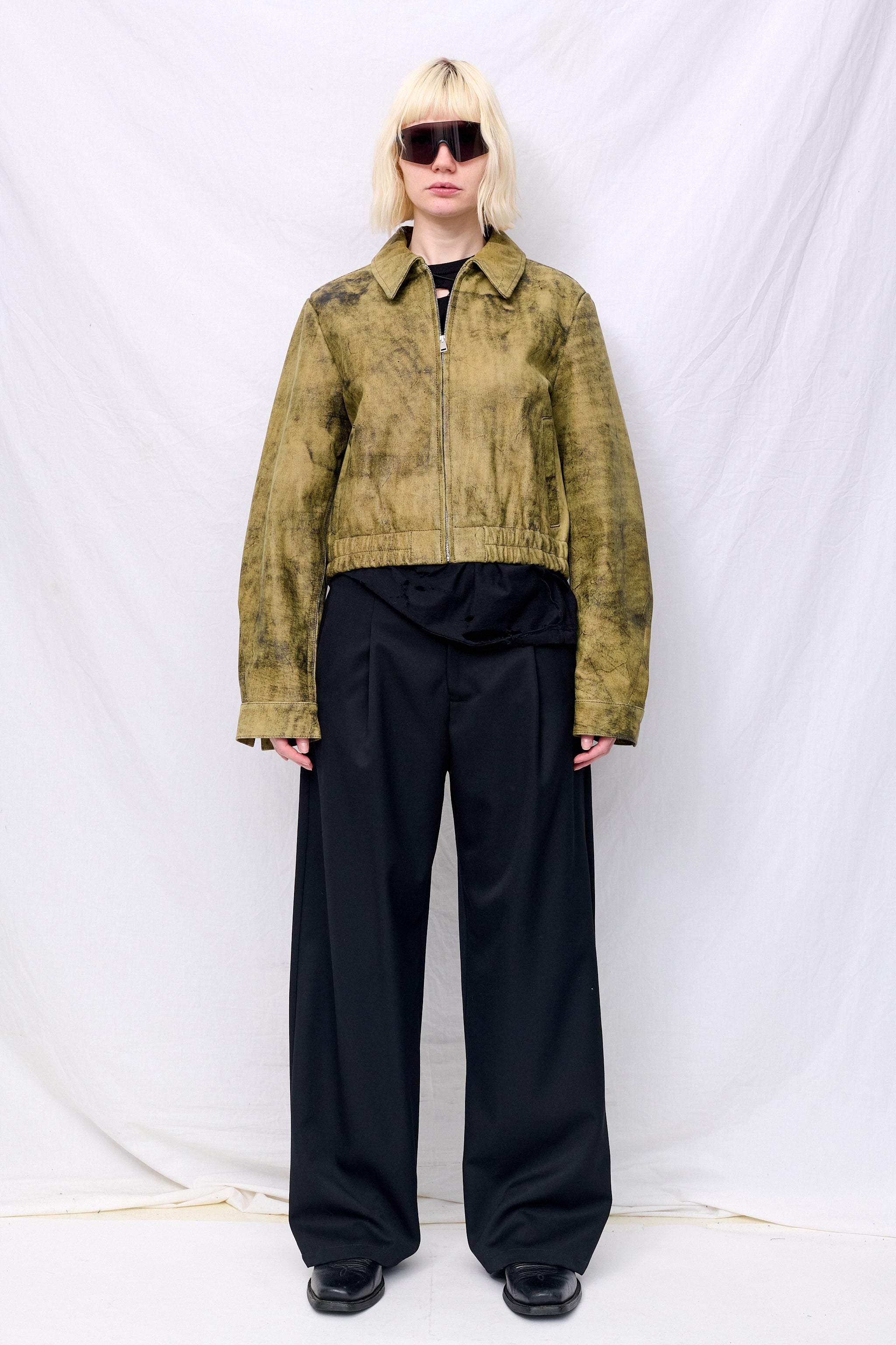 Antique Olive Leather Shrunken Zip Jacket