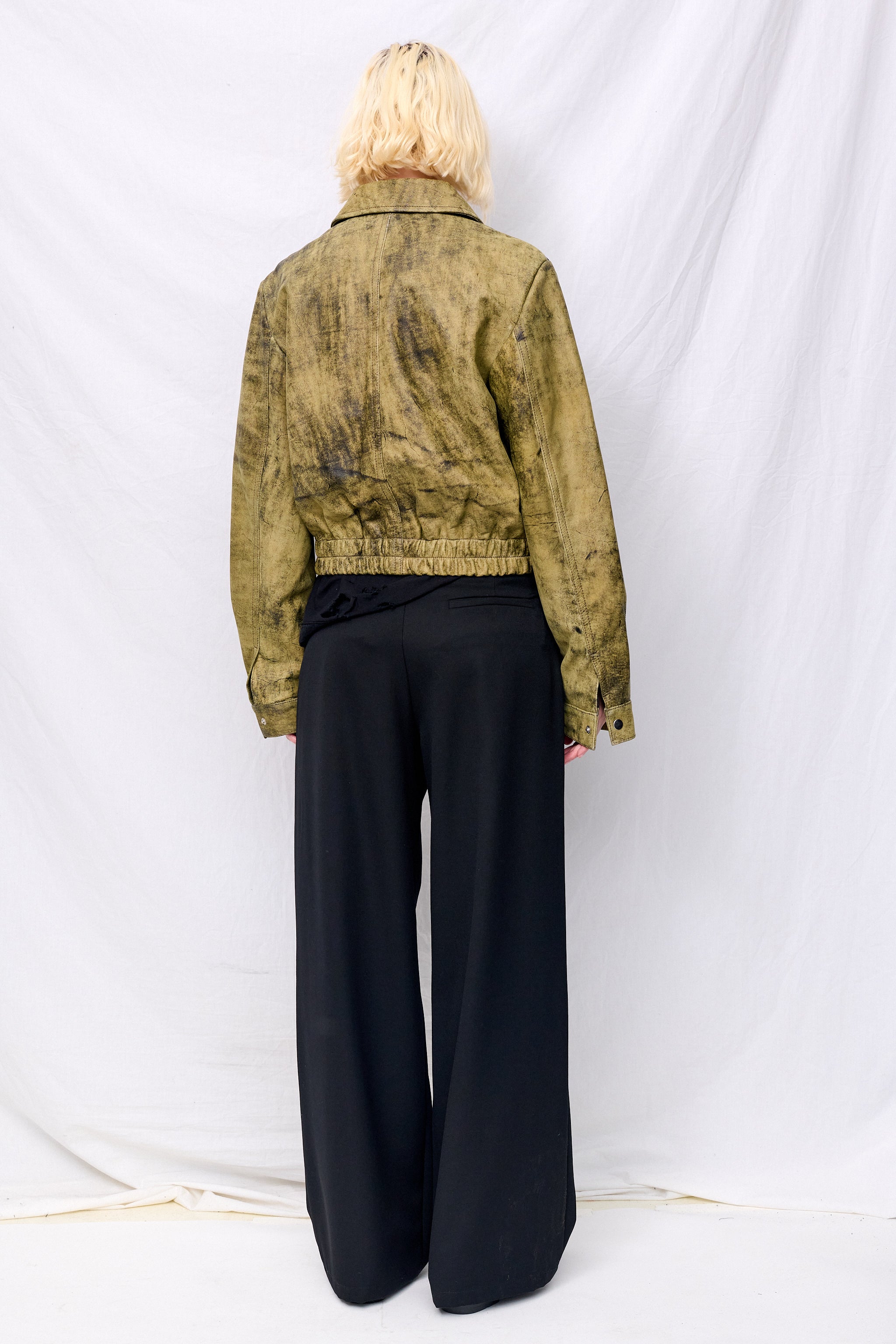 Antique Olive Leather Shrunken Zip Jacket