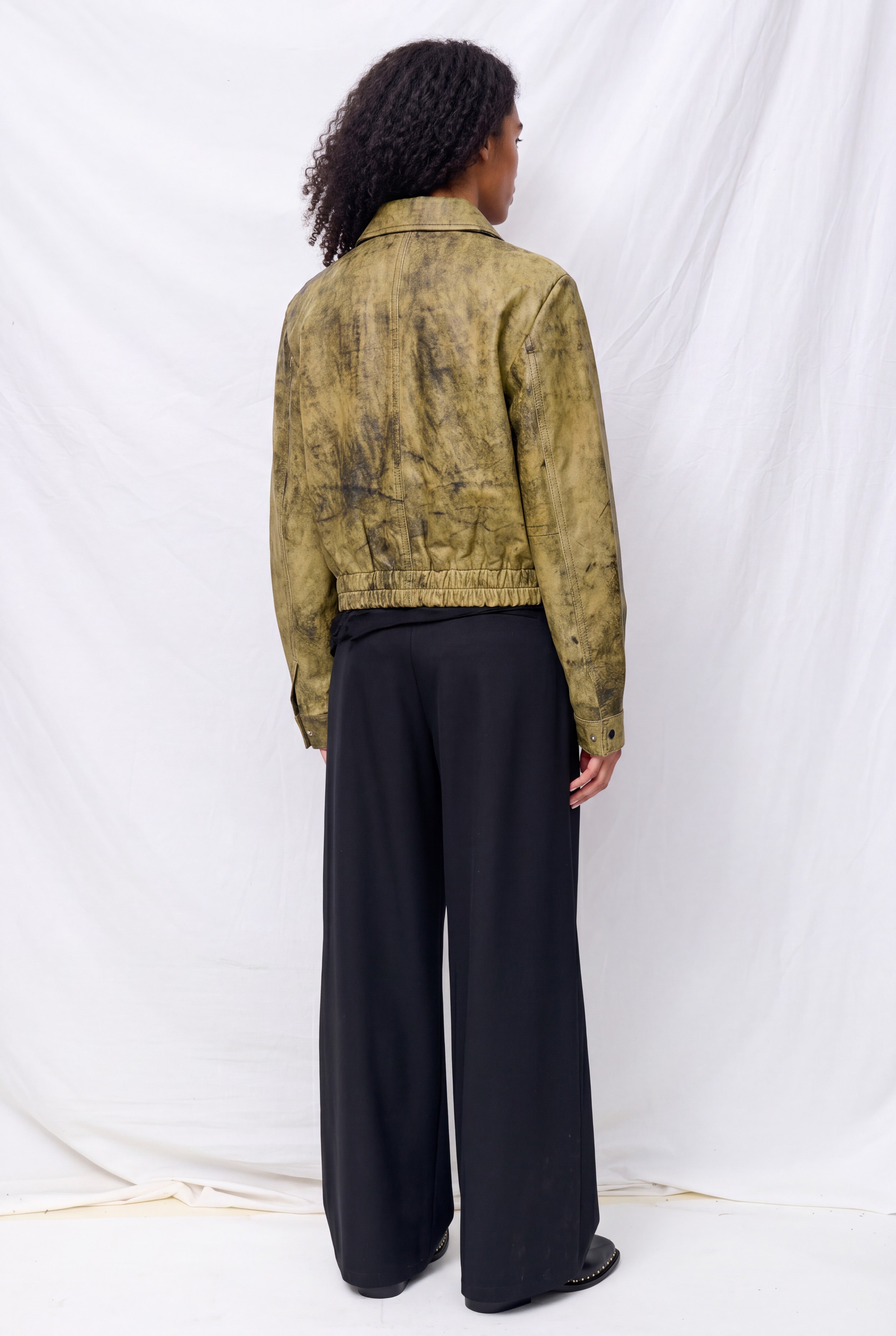 Antique Olive Leather Shrunken Zip Jacket
