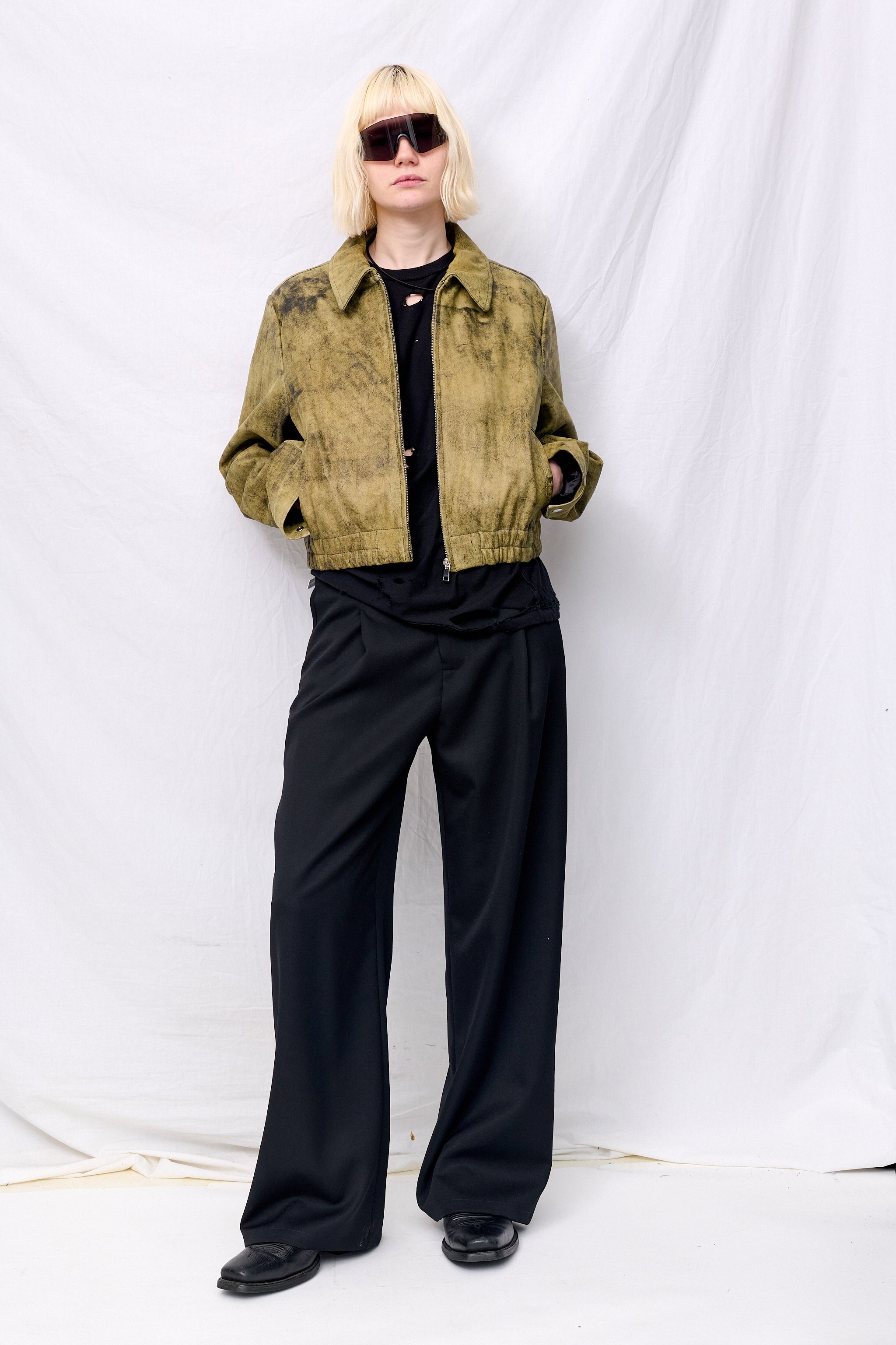 Antique Olive Leather Shrunken Zip Jacket