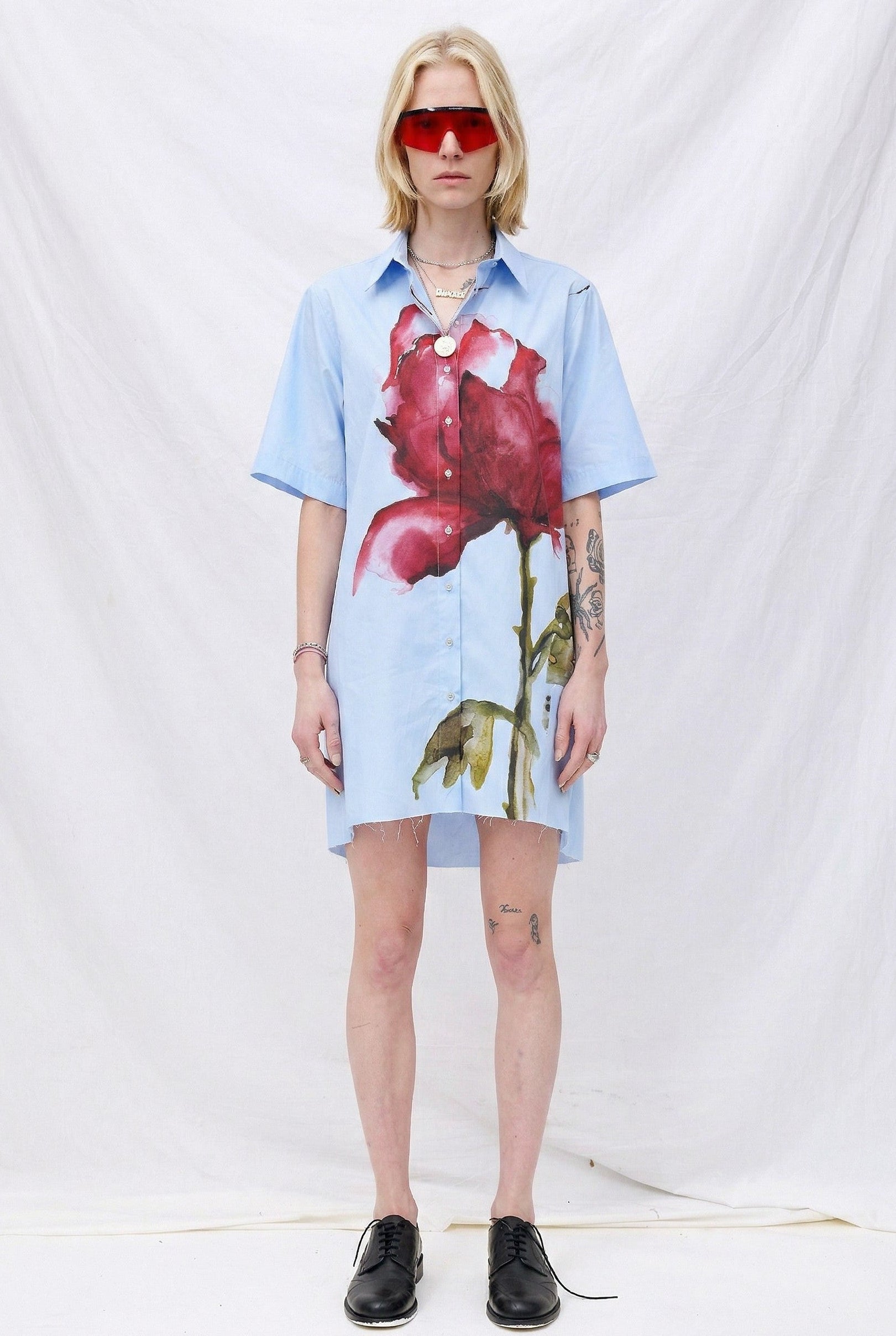 Blue Watercolor Flower Printed Mini Shirt Dress
