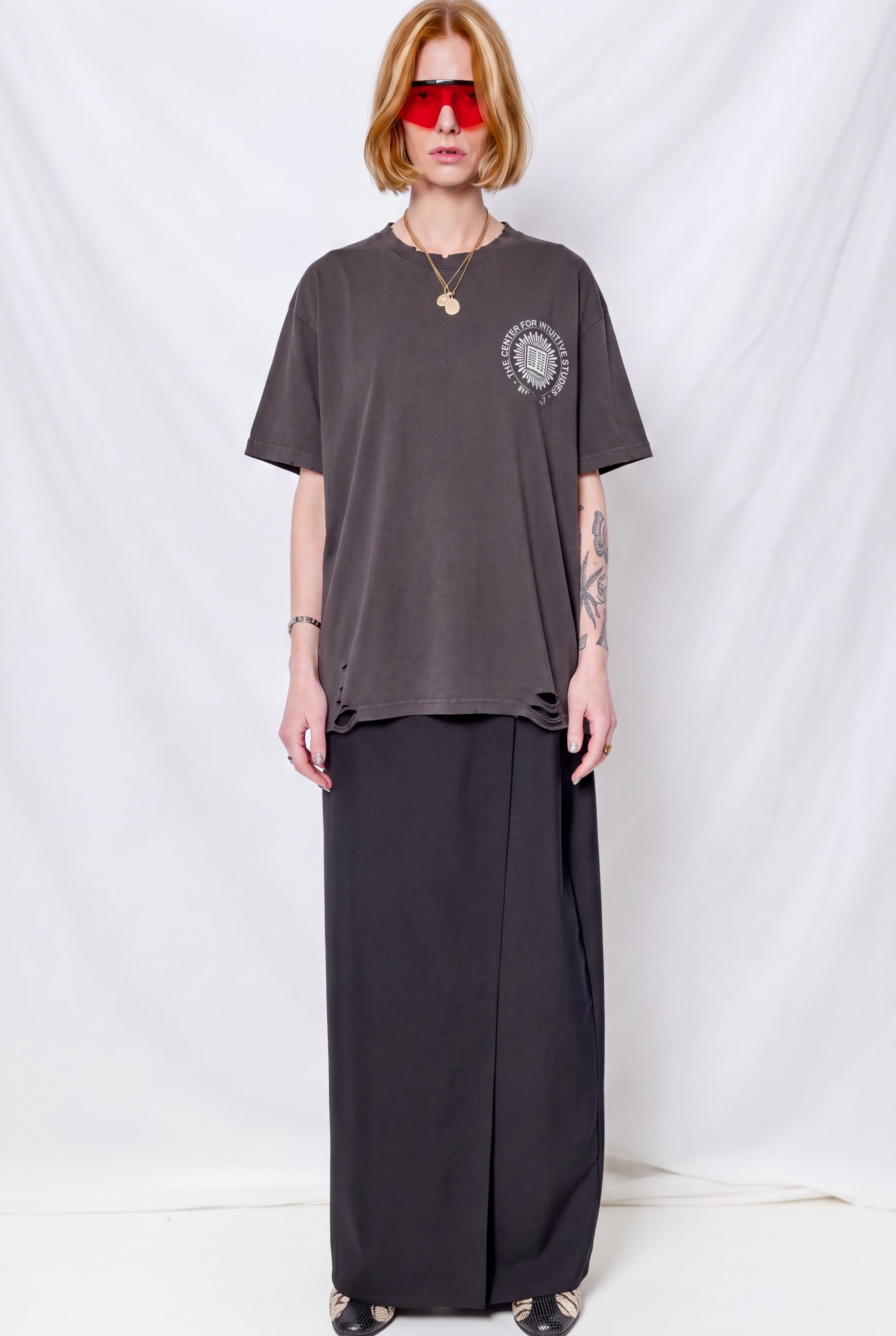 Washed Black Distressed Faded Intuitive Circle Logo T-Shirt