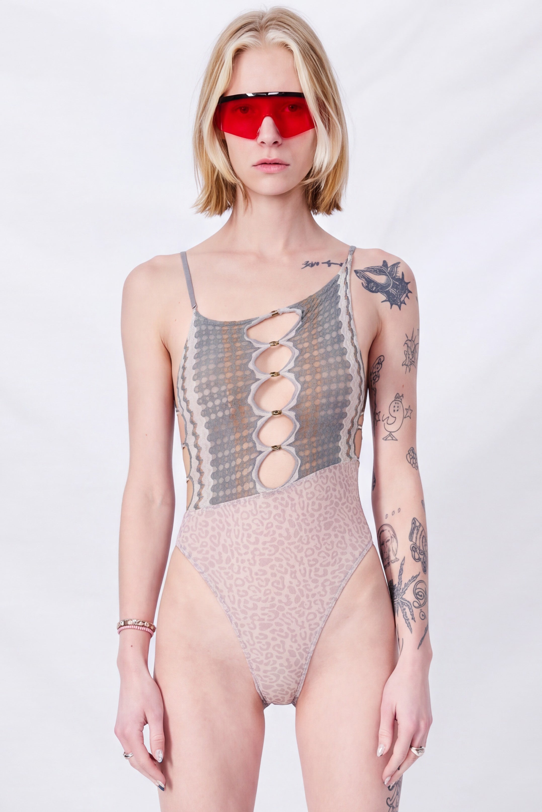 Marsh Ripple Knit Combo Leopard Mesh Bodysuit