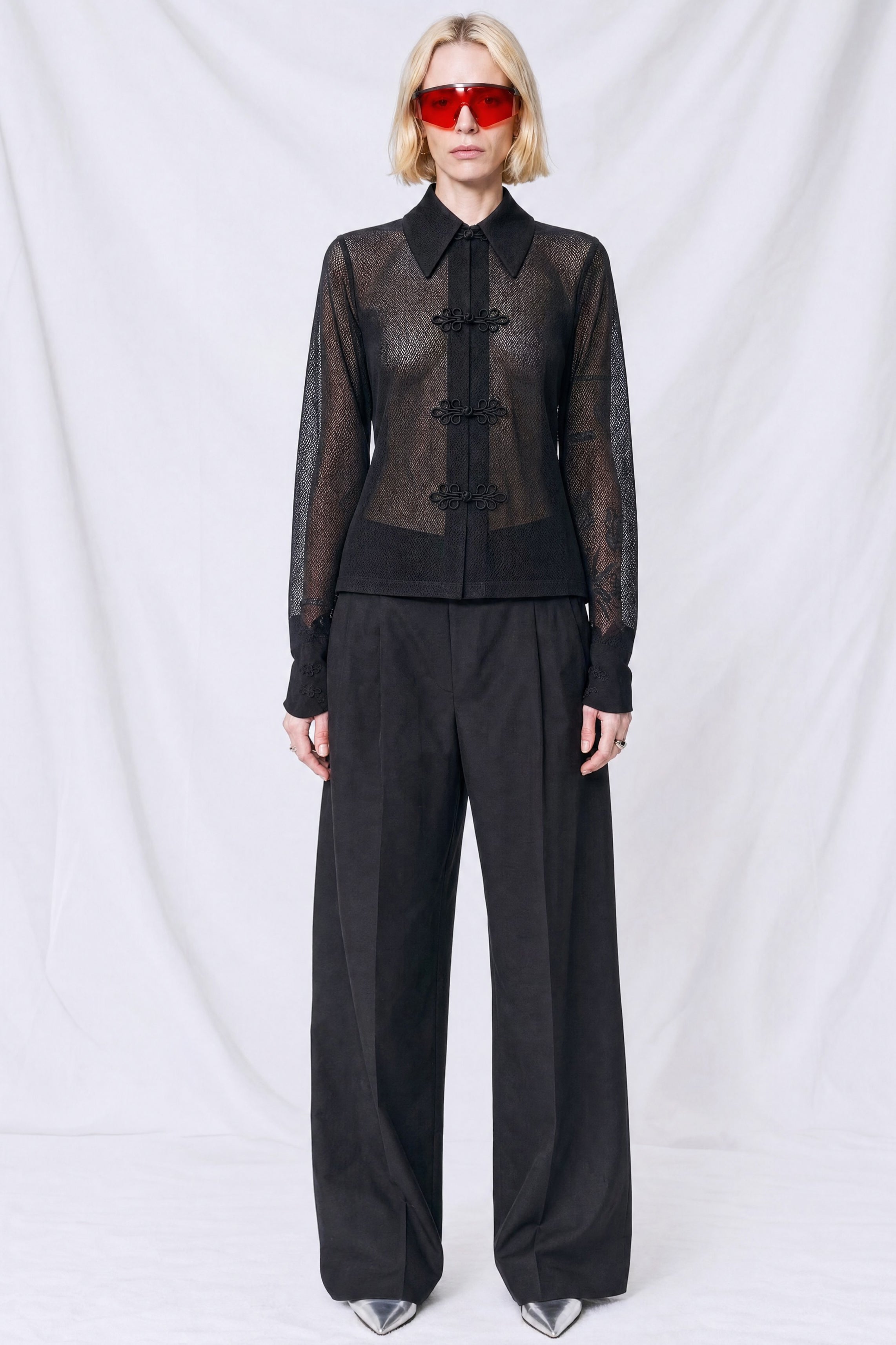 Black Fishnet Fitted Button Up