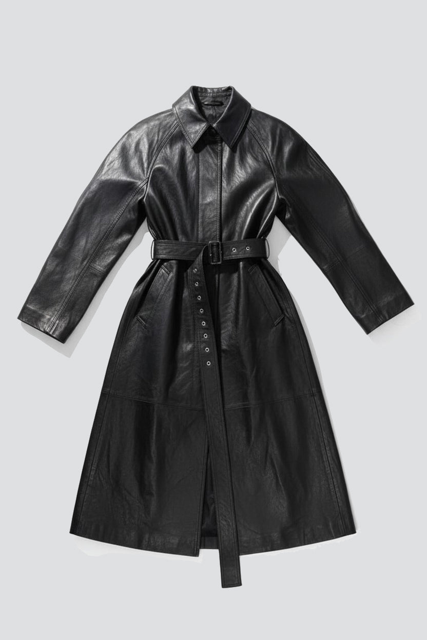 Black Wave Leather Long Coat