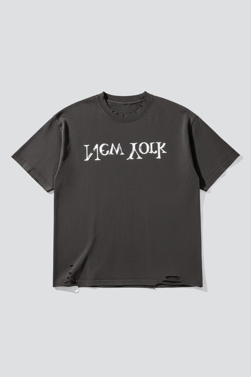 Washed Black Distressed Faded New York Logo T-Shirt