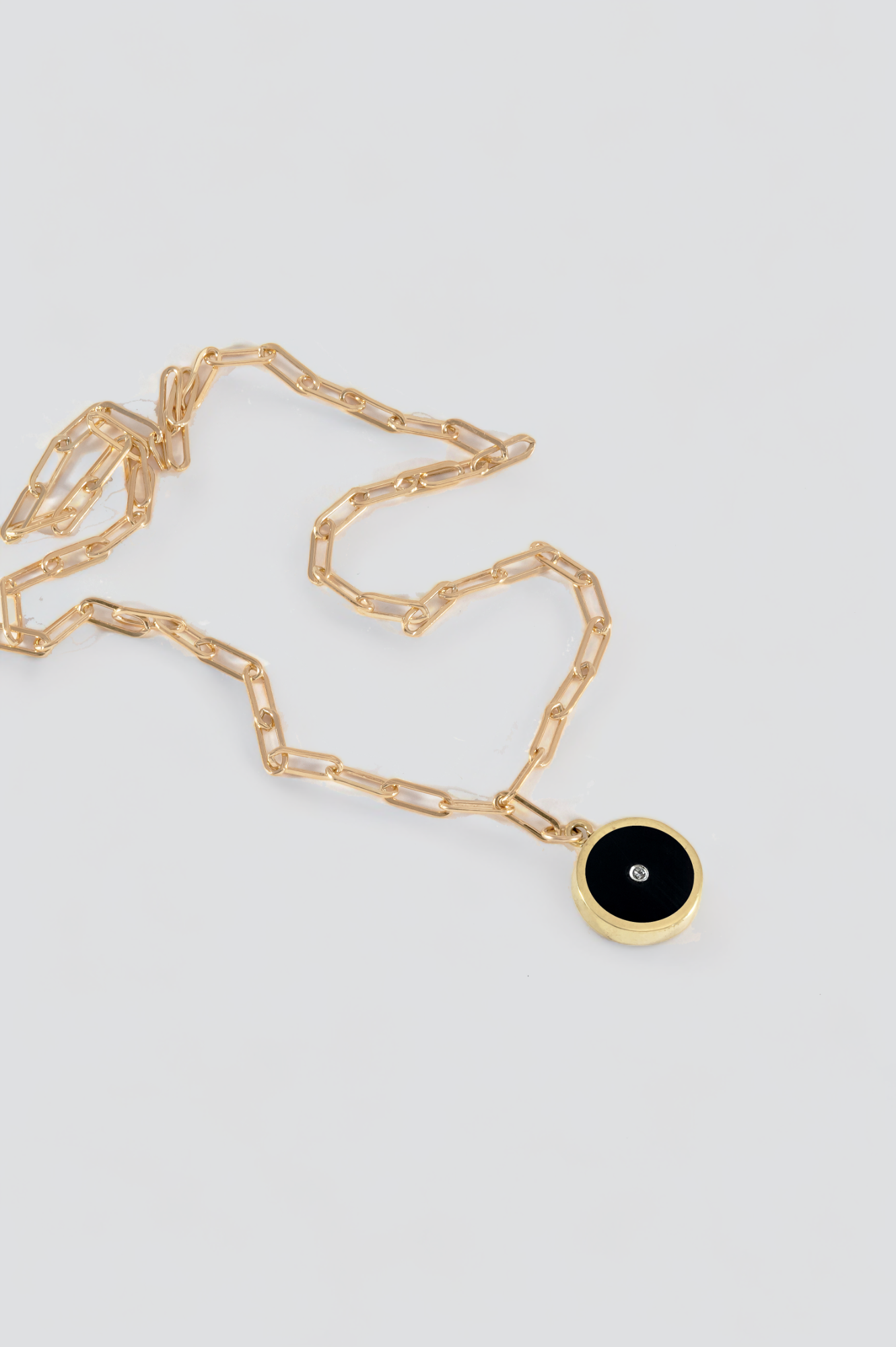 Gold Black Onyx with Diamond Round Stone Signet Necklace