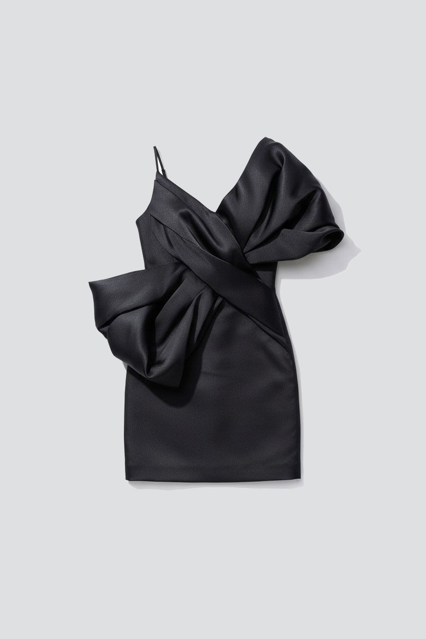 Black Heavy Satin Mini Bow Dress