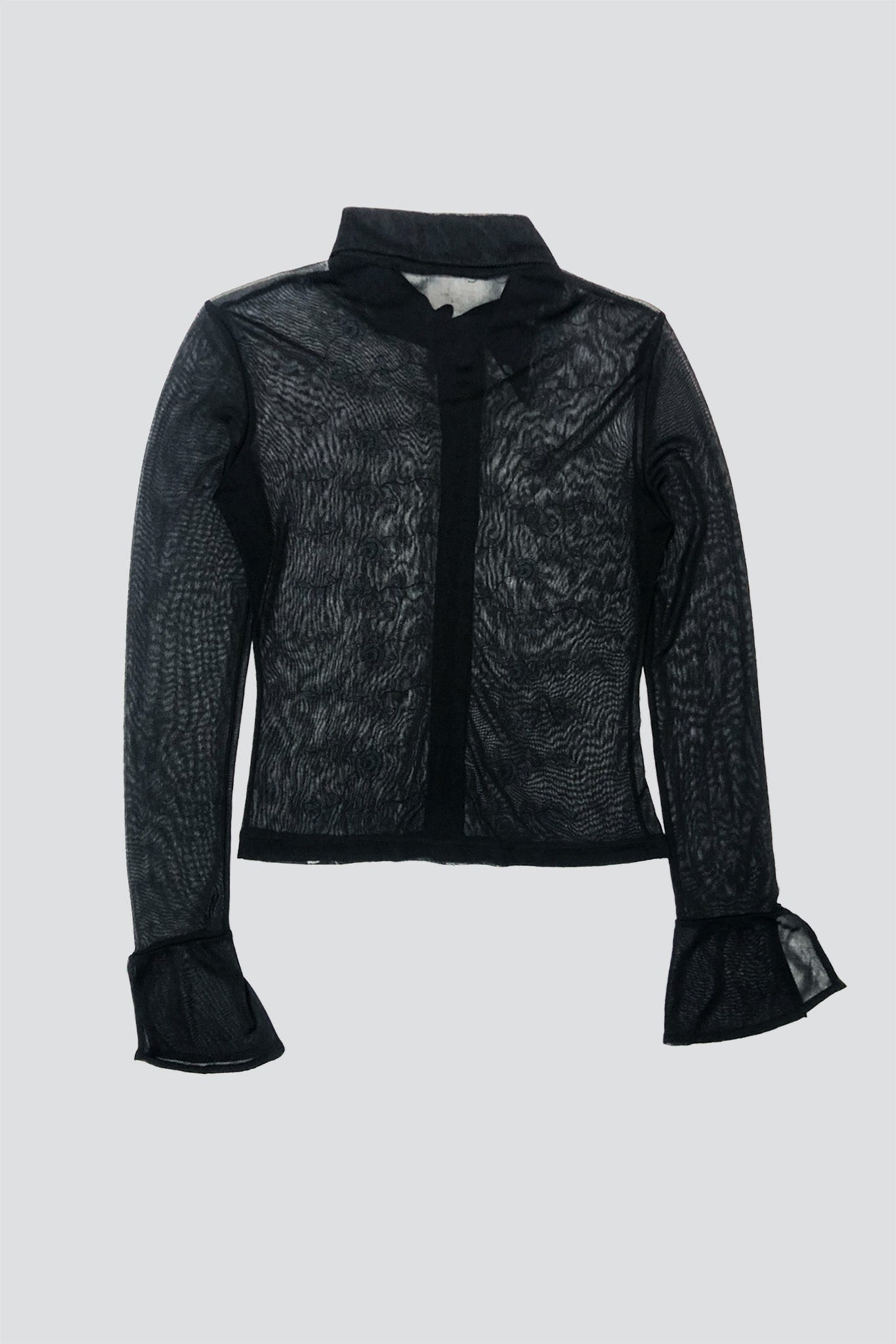 Black Mesh Floral Embroidered Button Up