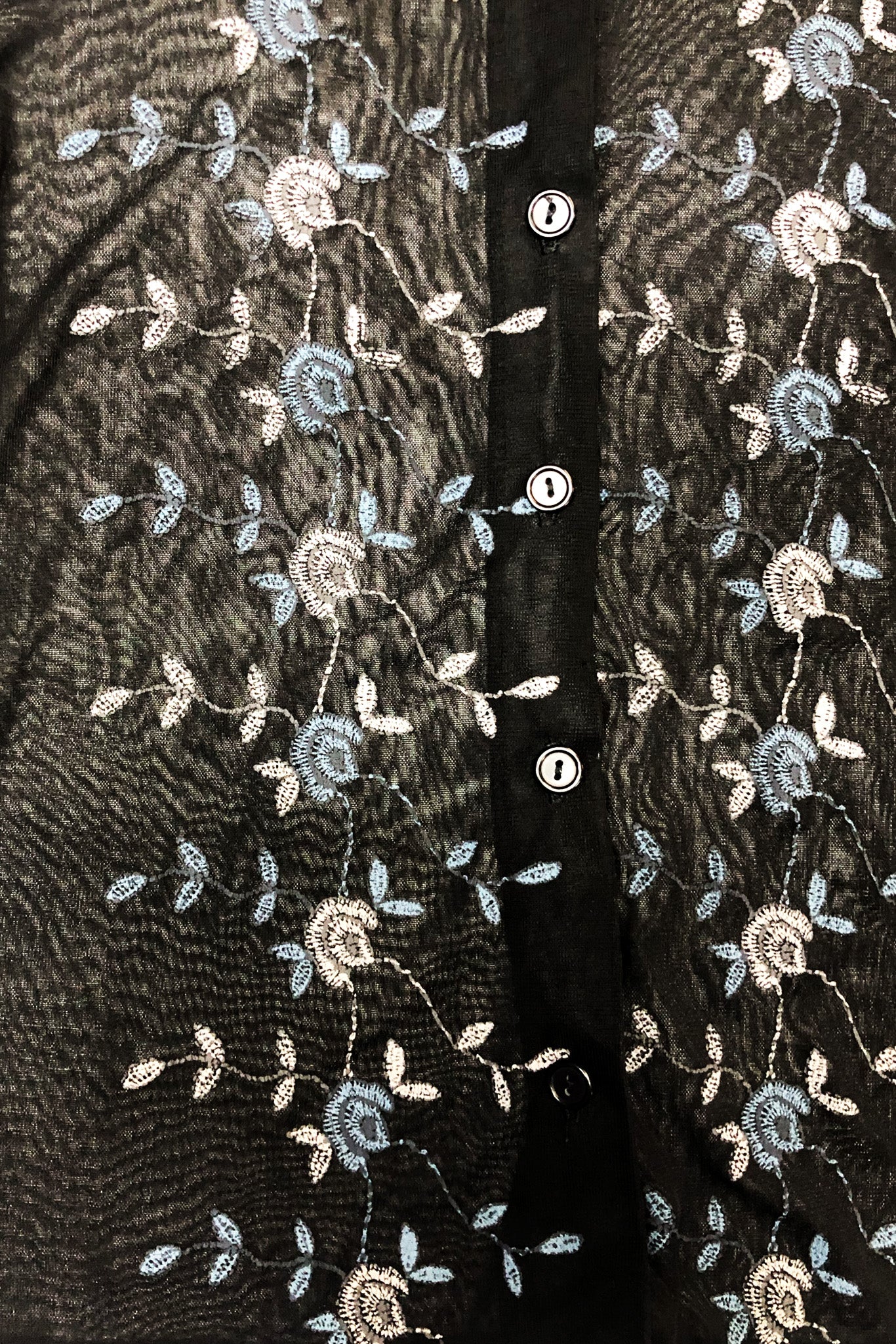 Black Mesh Floral Embroidered Button Up