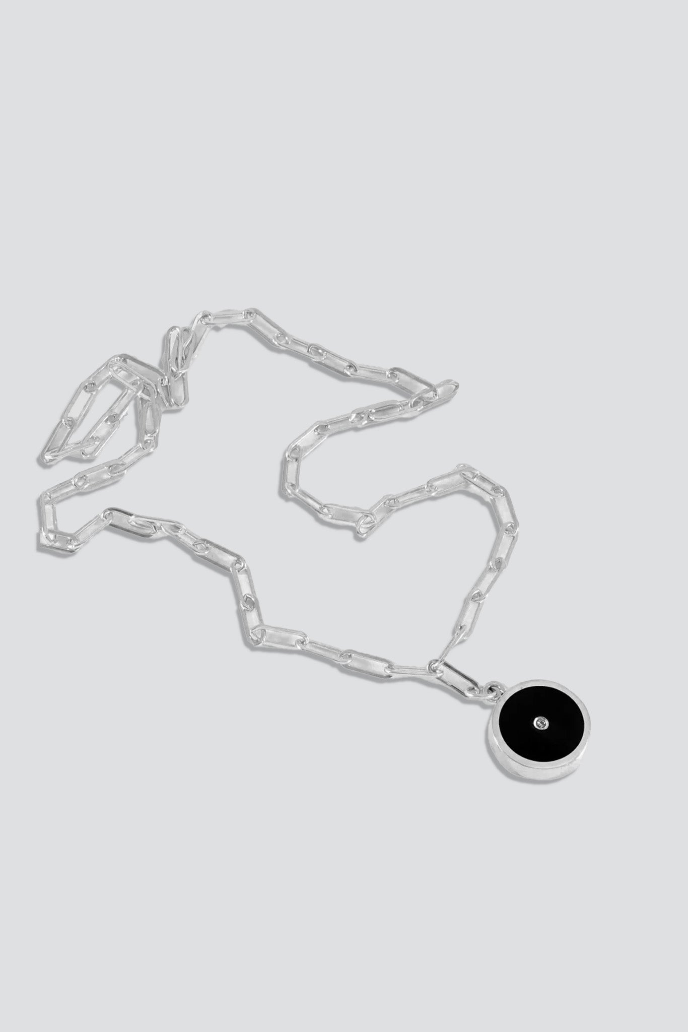 Silver Black Onyx with Diamond Round Stone Signet Necklace