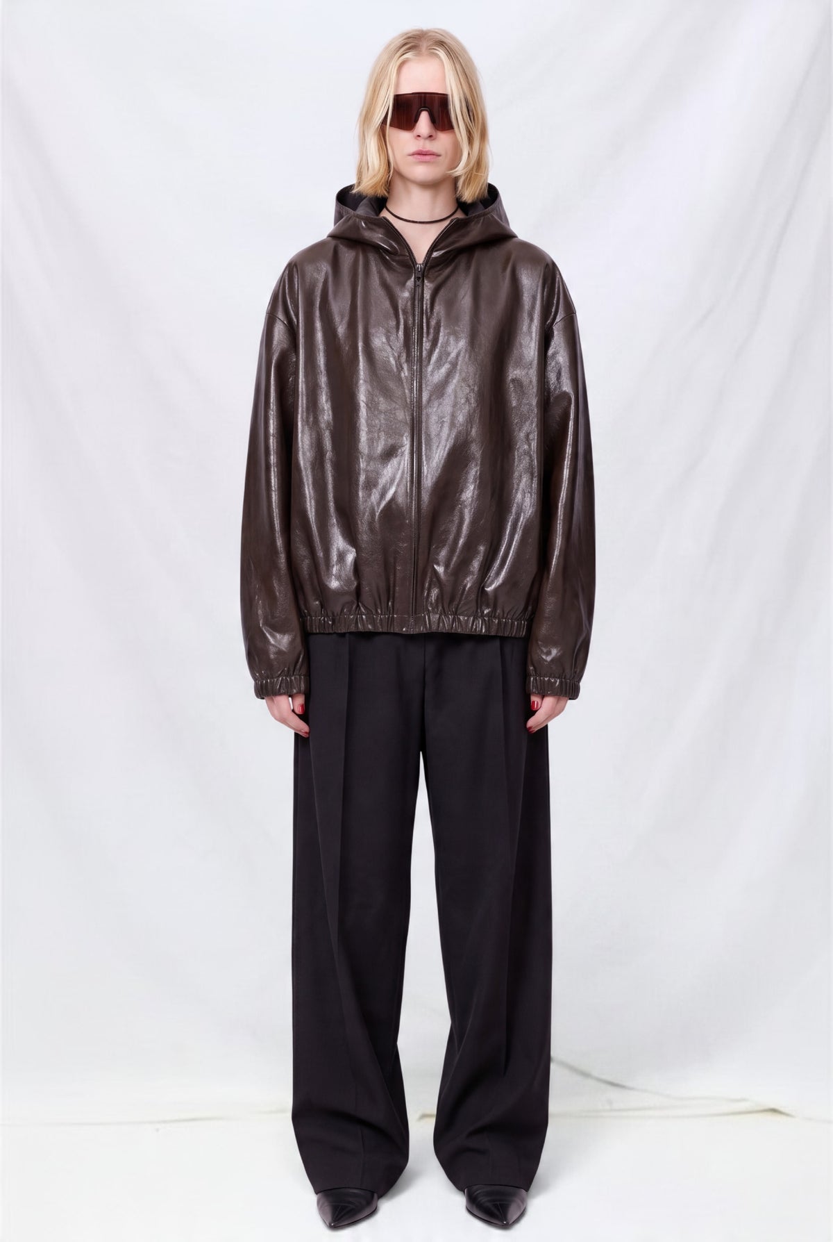 No.216 Dark Brown Leather Hooded Zipper Jacket
