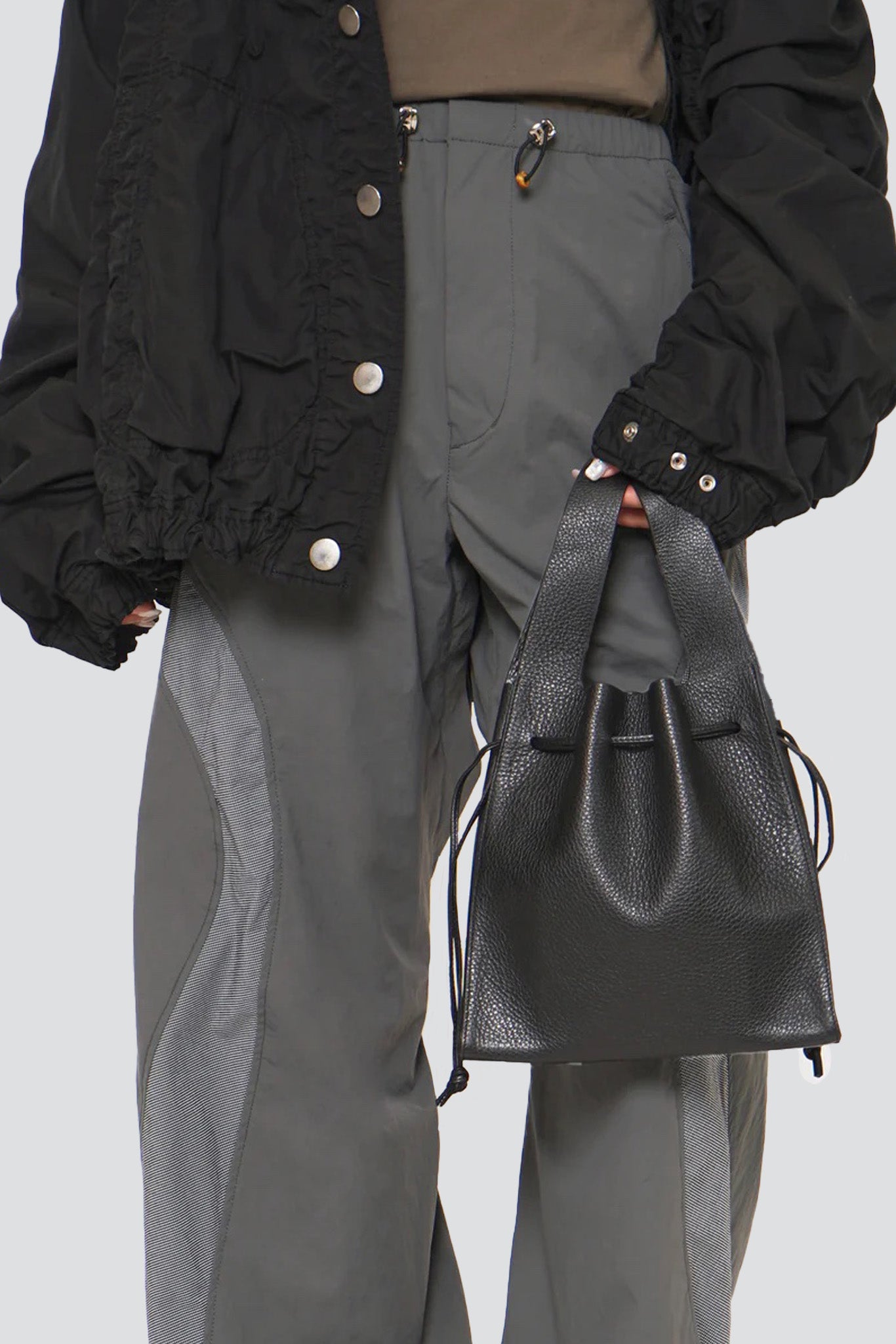 Black Leather Drawstring S Tote