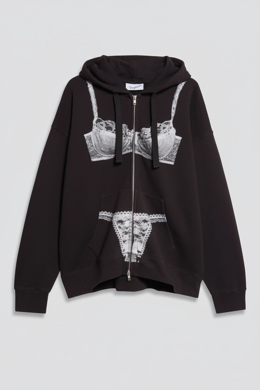 Washed Black Trompe L'oeil Zip Hoodie Knit