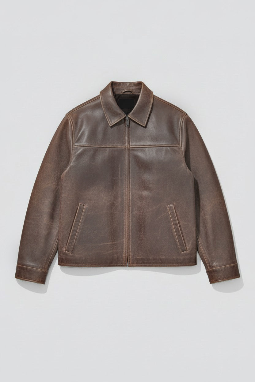 Brown Cracked Leather Zip Jacket