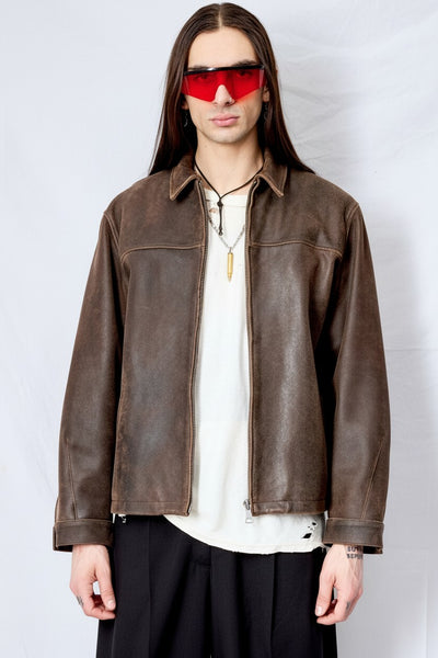 Brown Cracked Leather Zip Jacket - Assembly New York