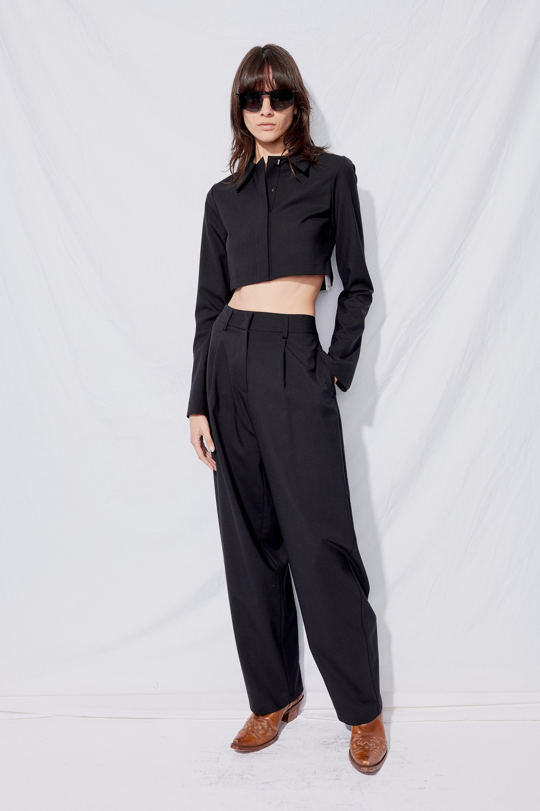 Black Suiting Crop Rugby Top