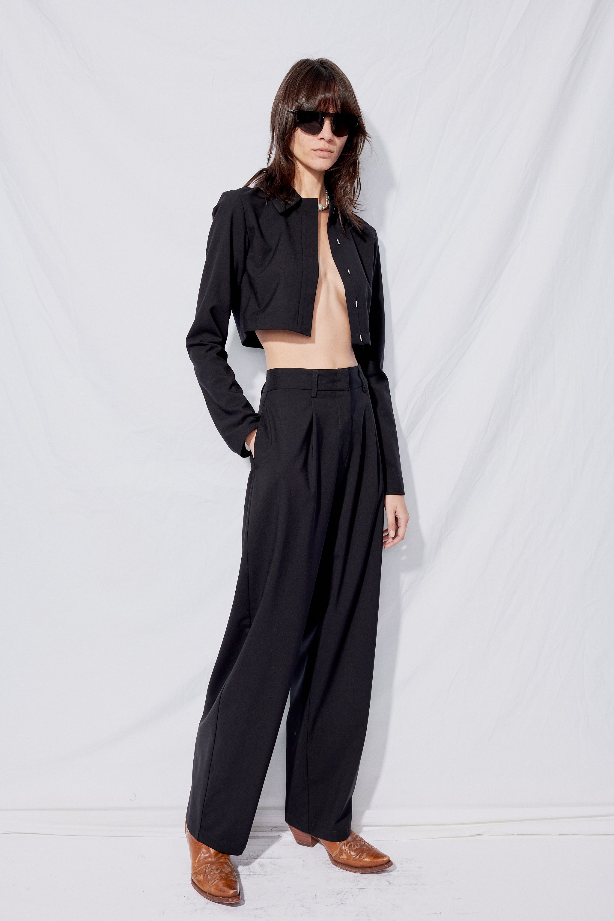 Black Suiting Crop Rugby Top