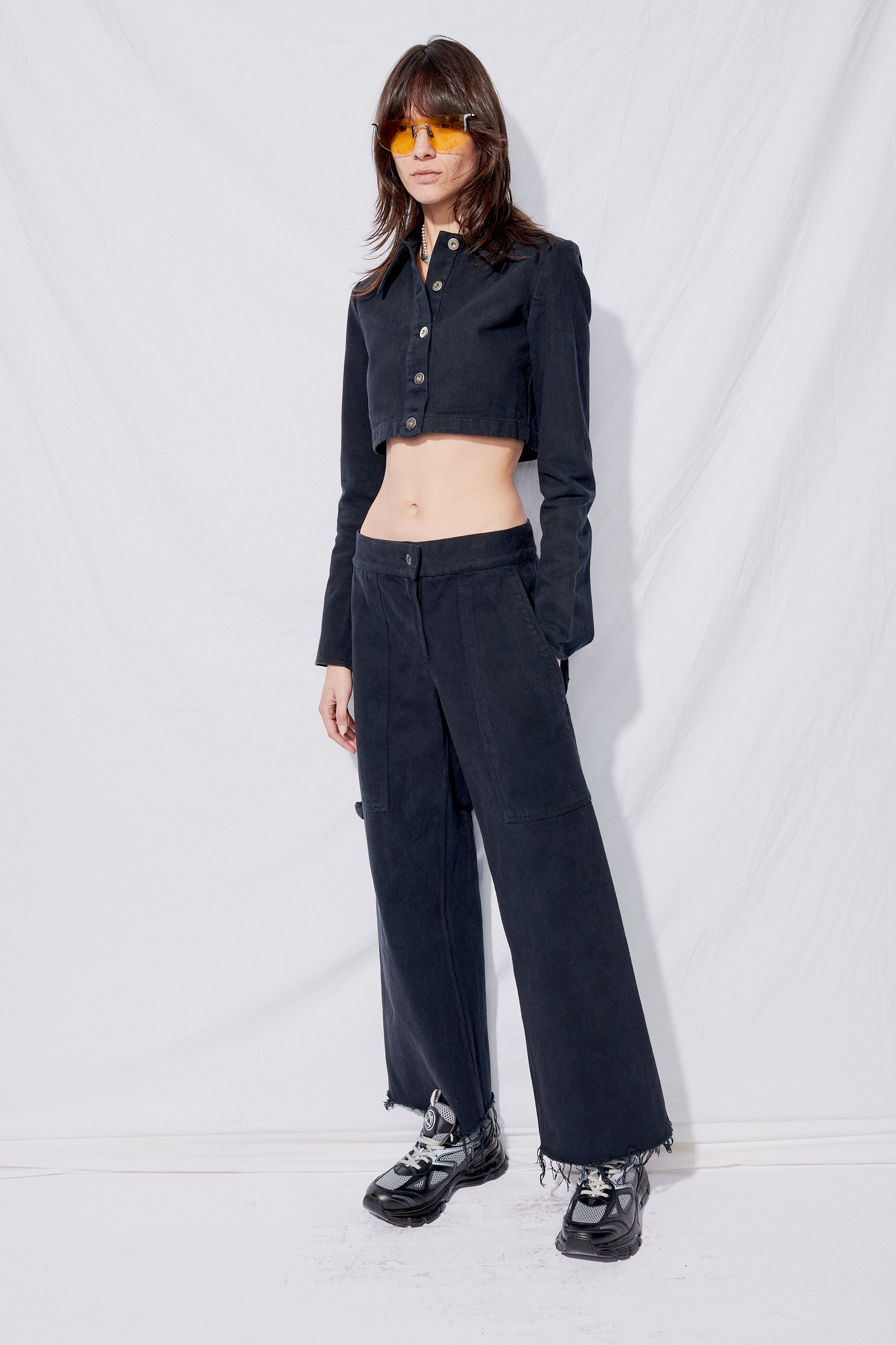 Black Overdye Denim Crop Simple Pant