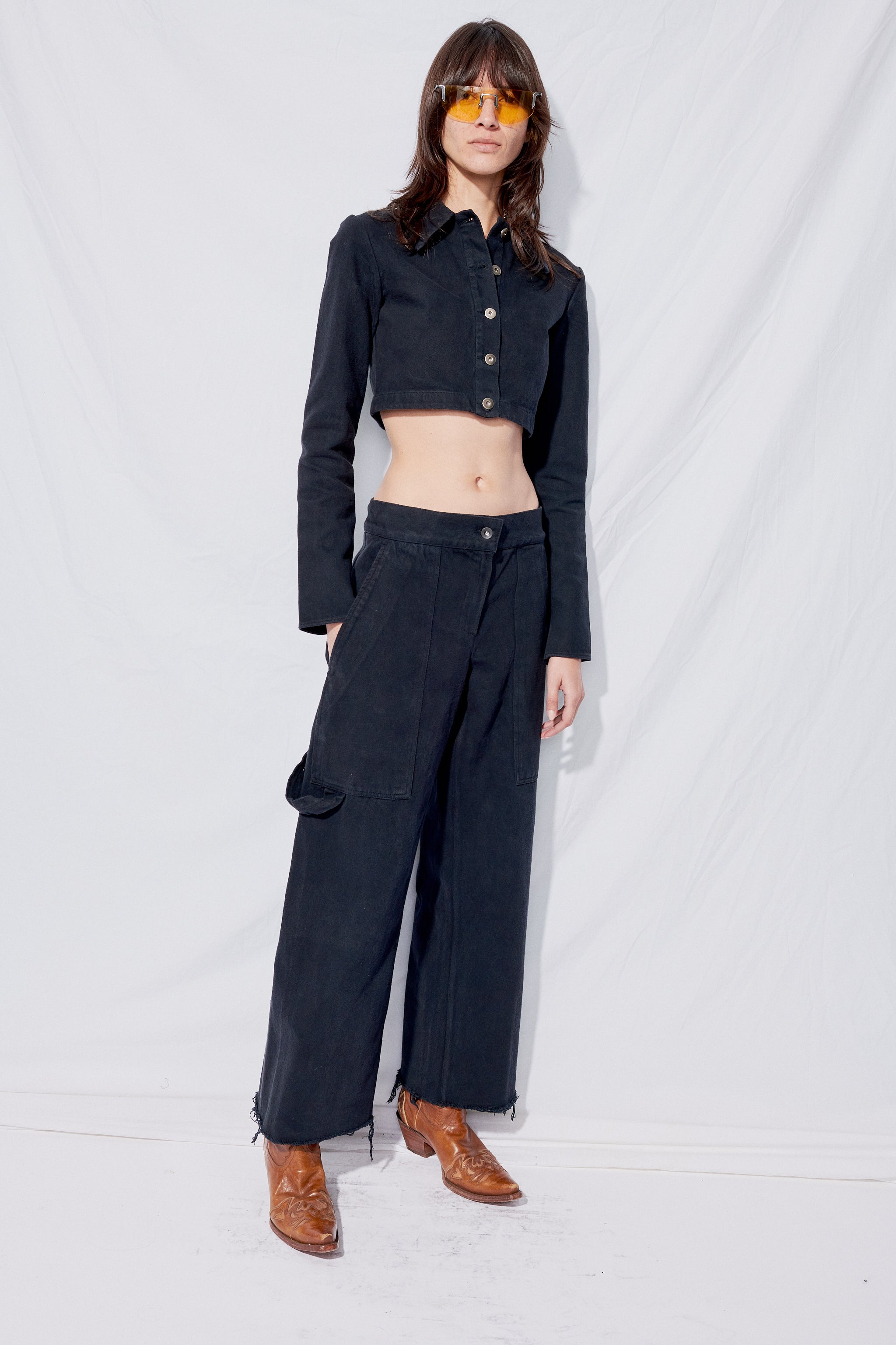 Black Overdye Denim Crop Simple Pant