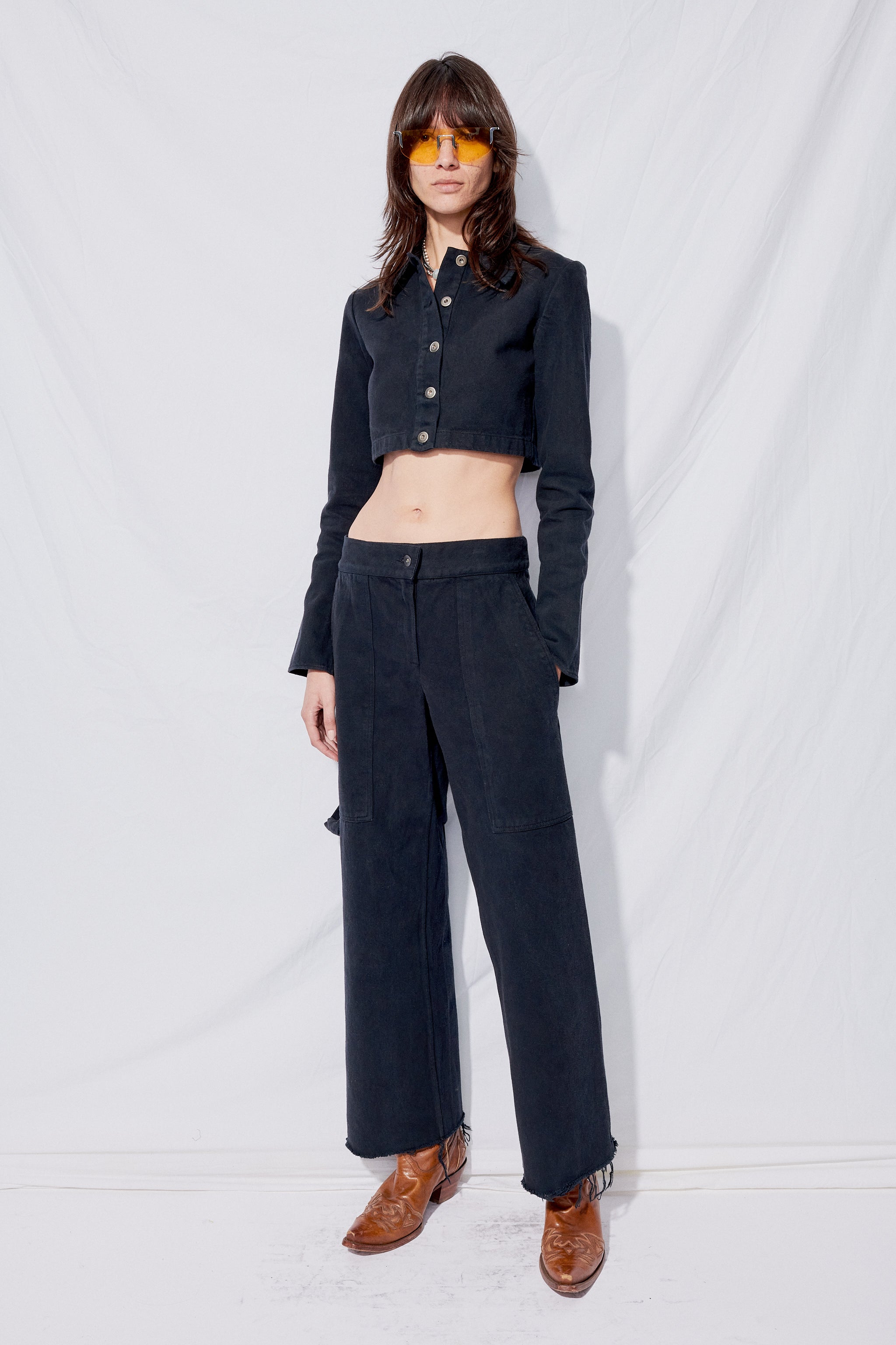 Black Overdye Denim Crop Simple Pant