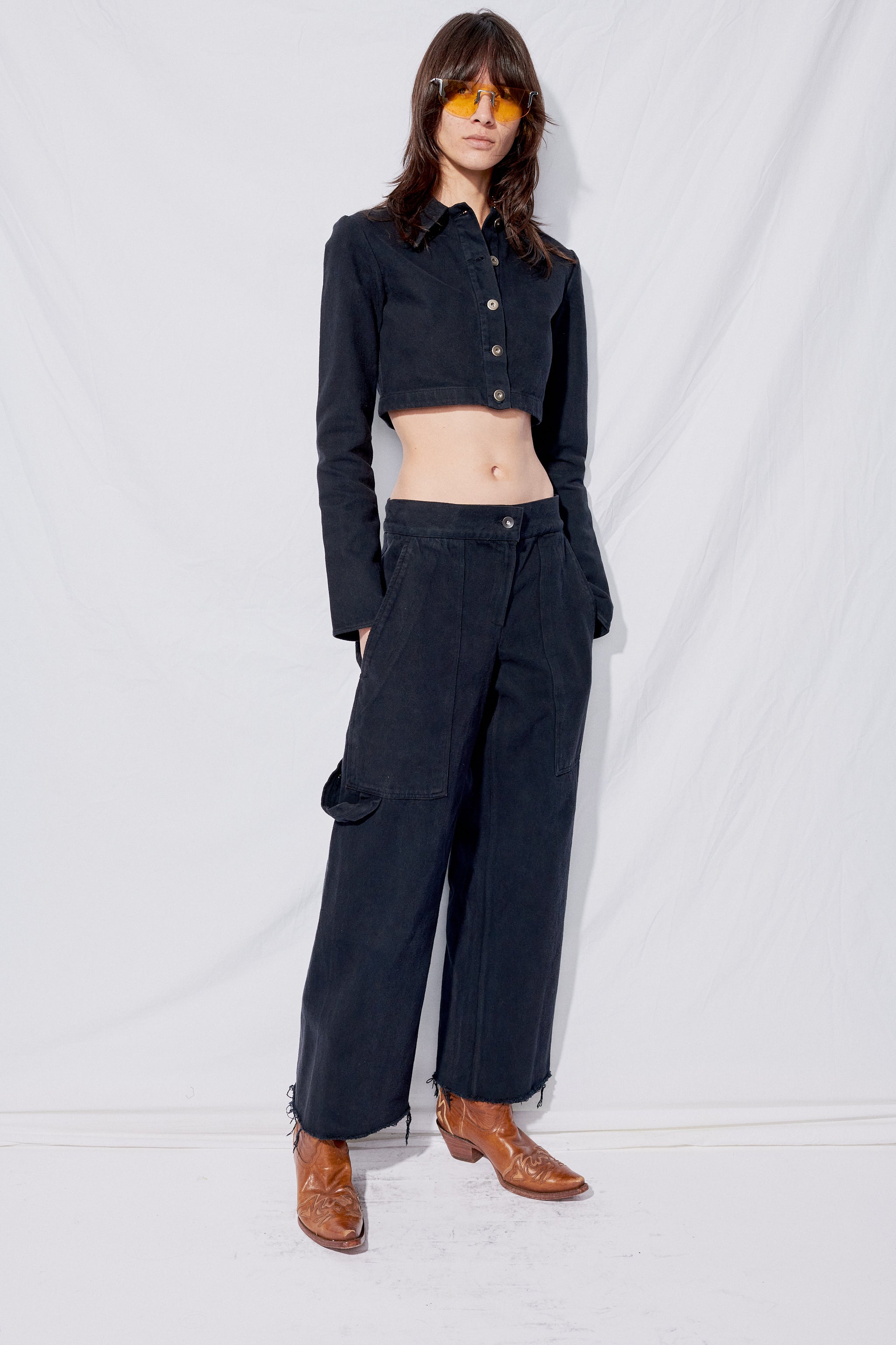 Black Overdye Denim Crop Simple Pant