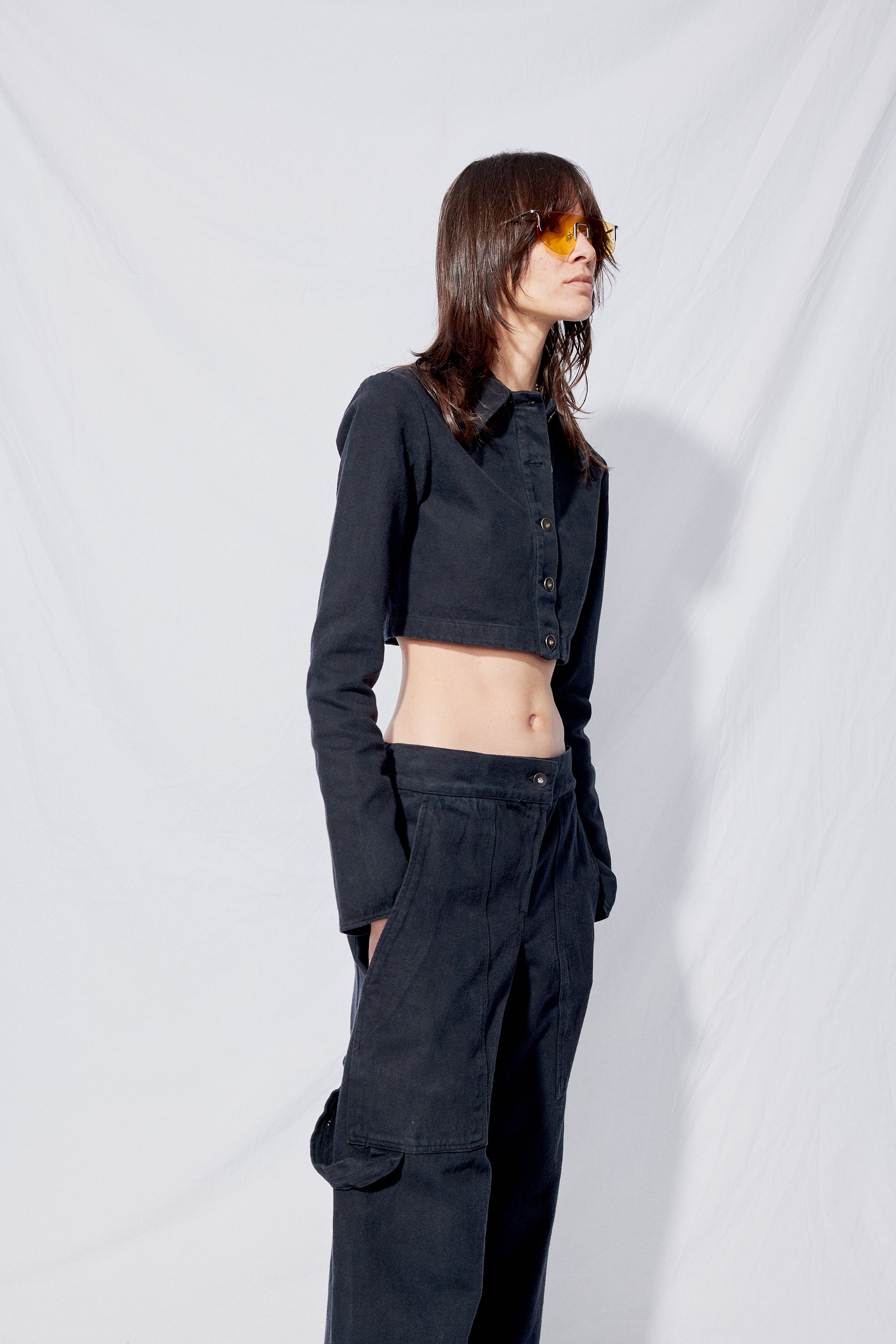 Black Overdye Denim Crop Simple Pant