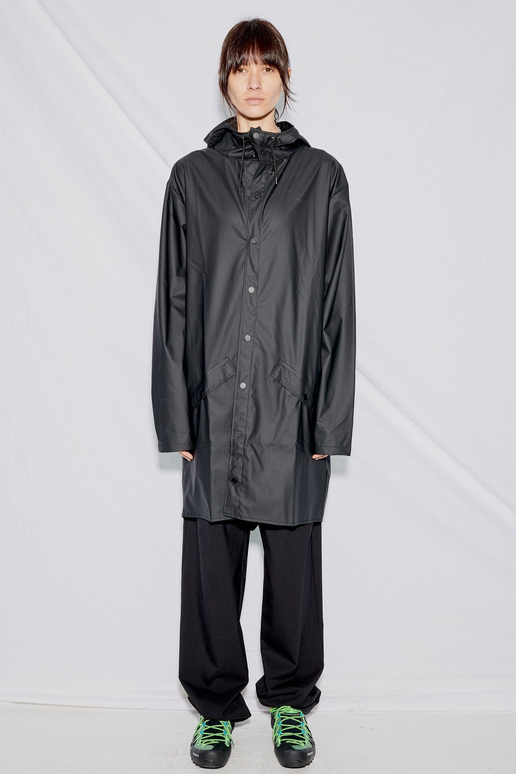 Black Hooded Rain Long Jacket
