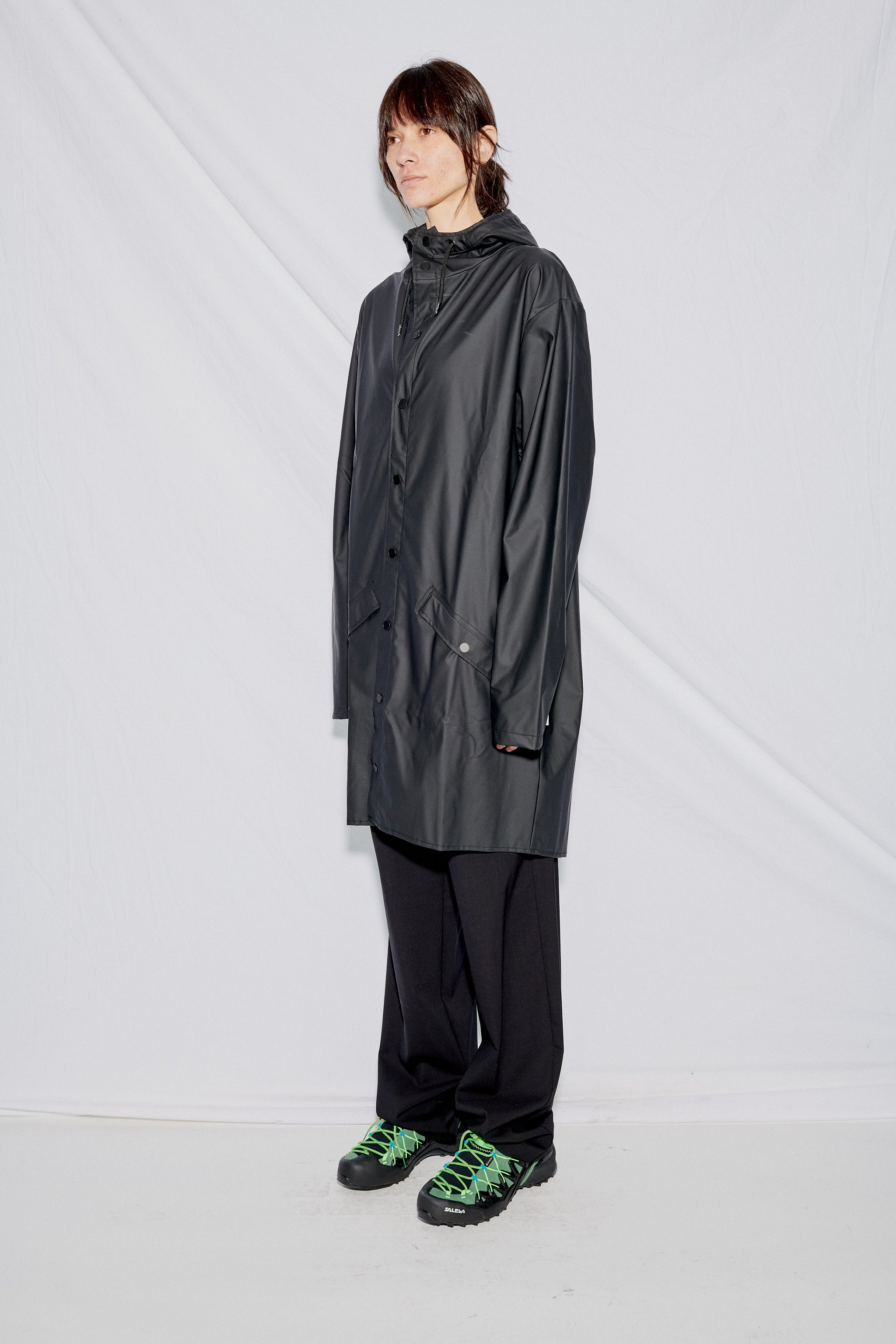 Black Hooded Rain Long Jacket