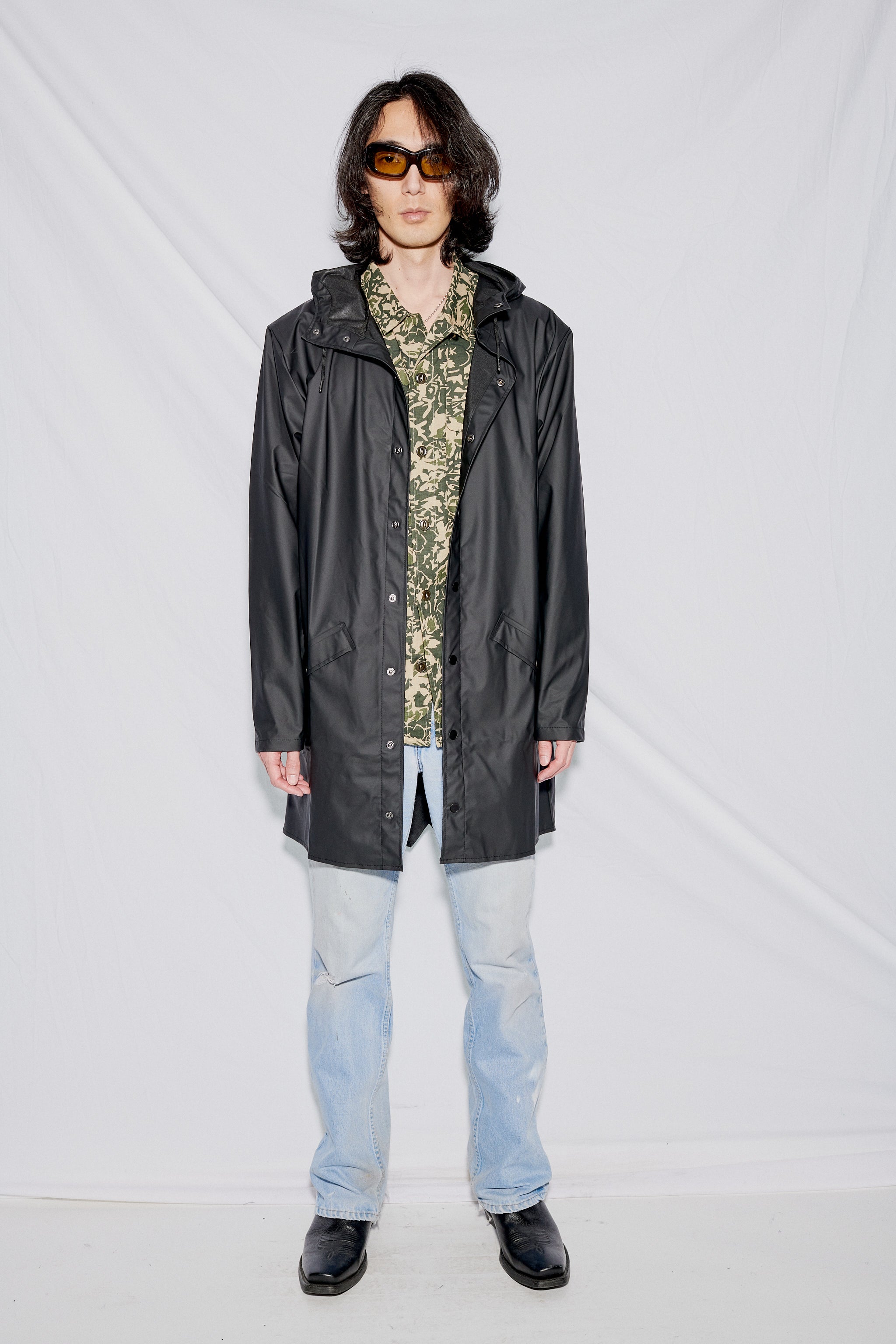 Black Hooded Rain Long Jacket