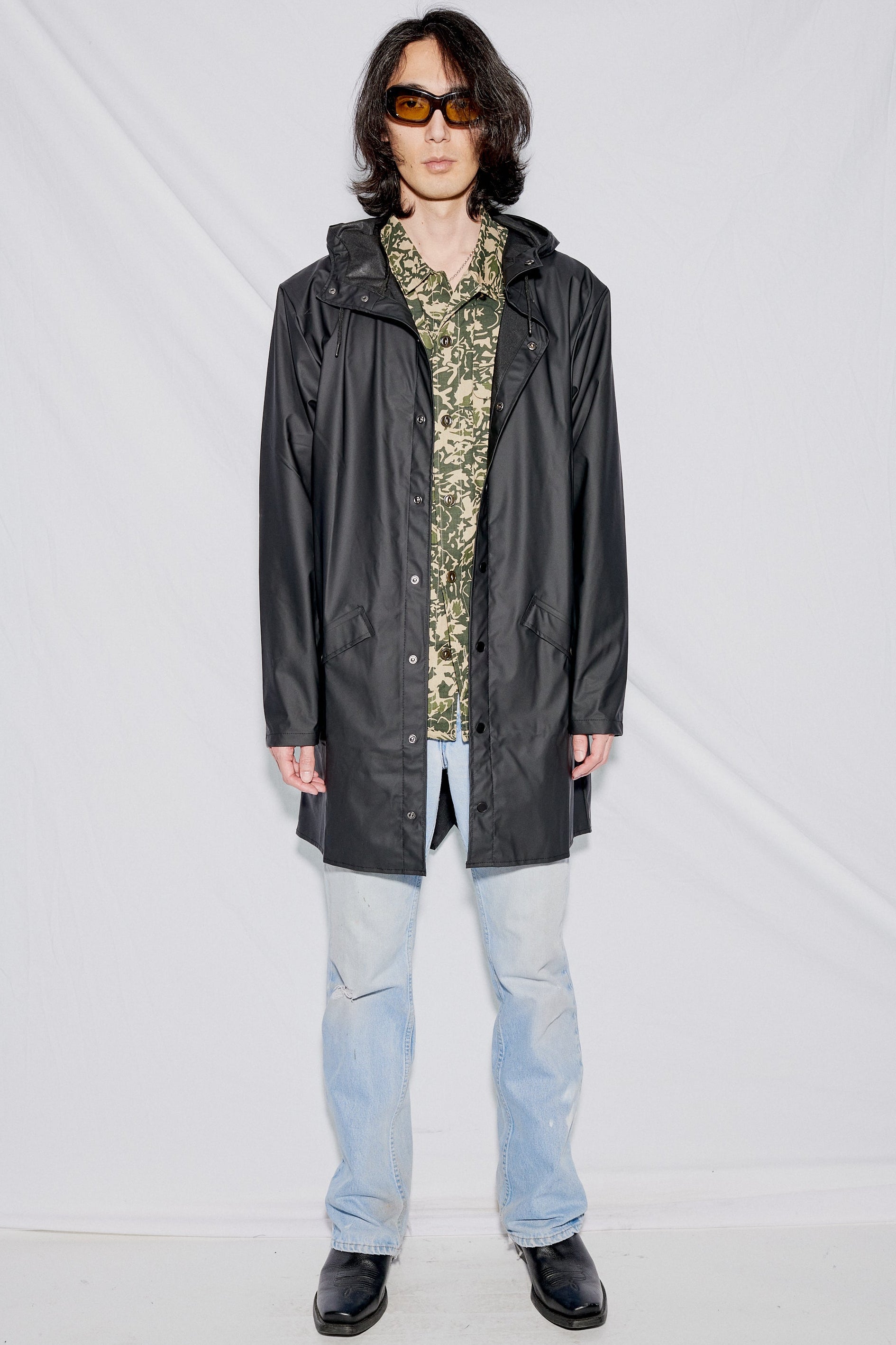 Black Hooded Rain Long Jacket