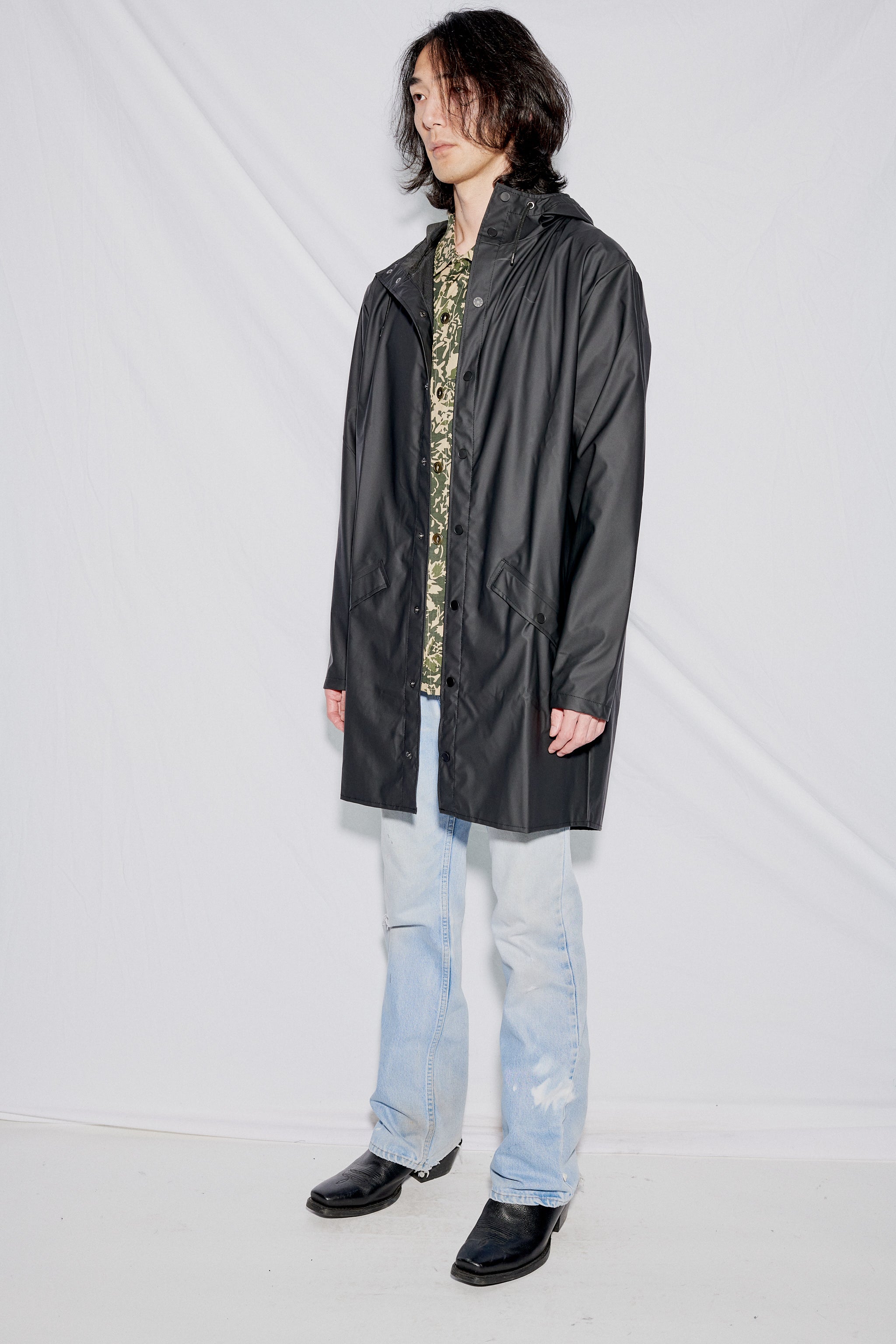 Black Hooded Rain Long Jacket