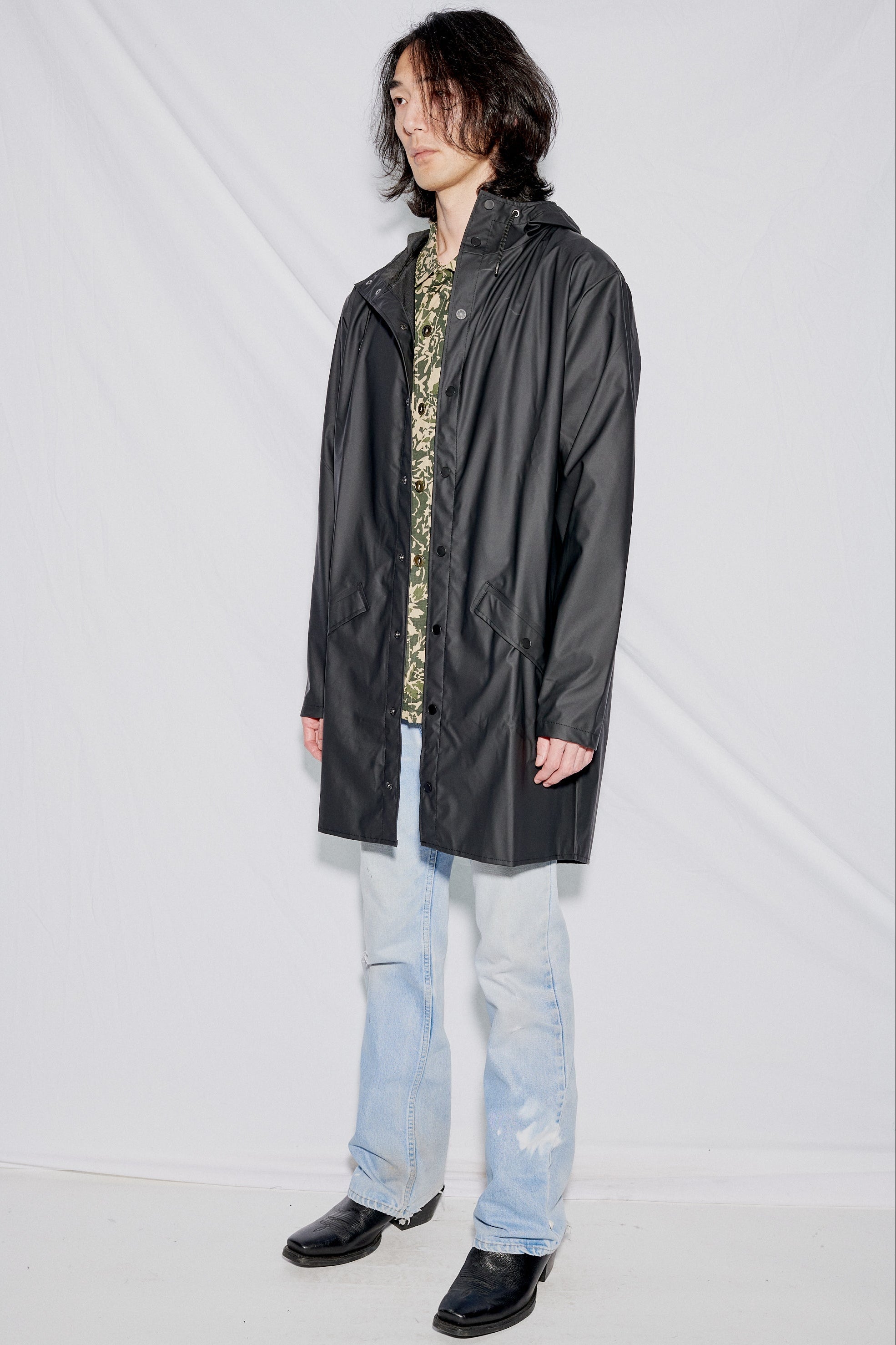 Black Hooded Rain Long Jacket