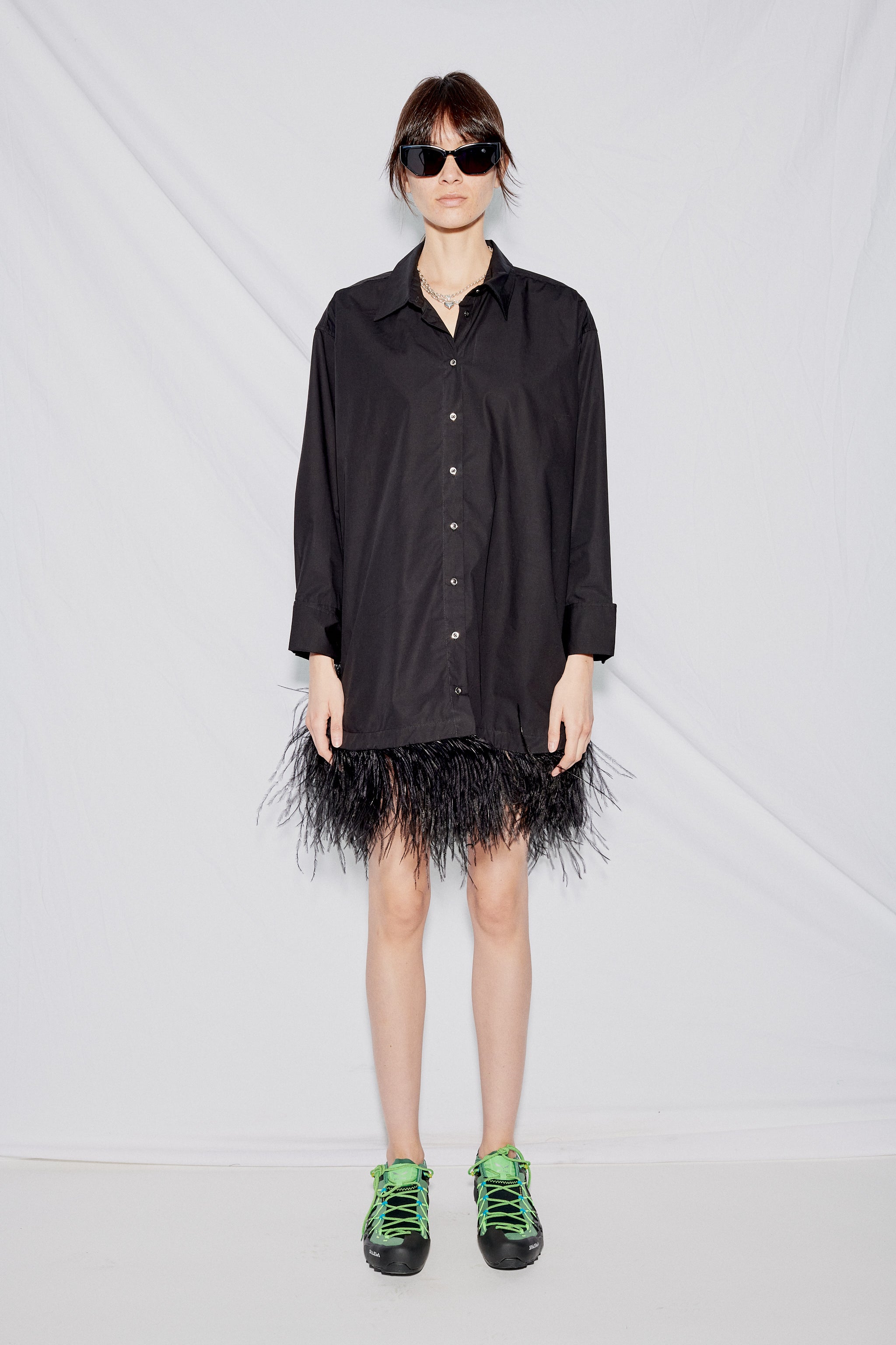 Black Feather Hem Shirt Dress