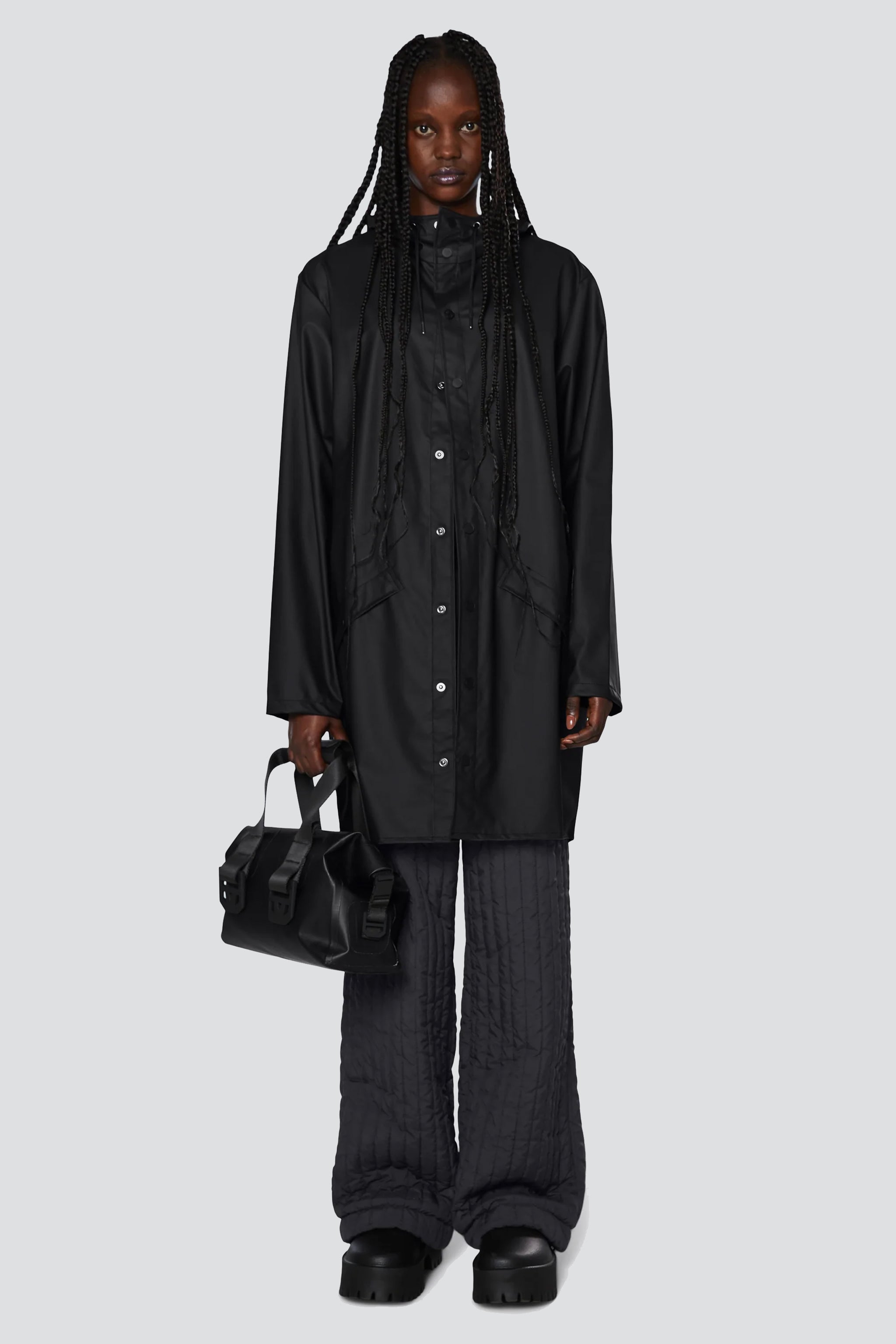 Black Hooded Rain Long Jacket