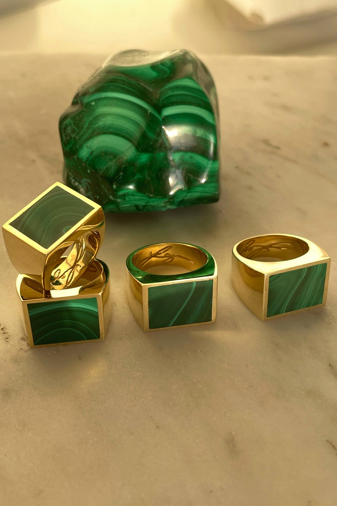 Brass Malachite Signet Ring - Square