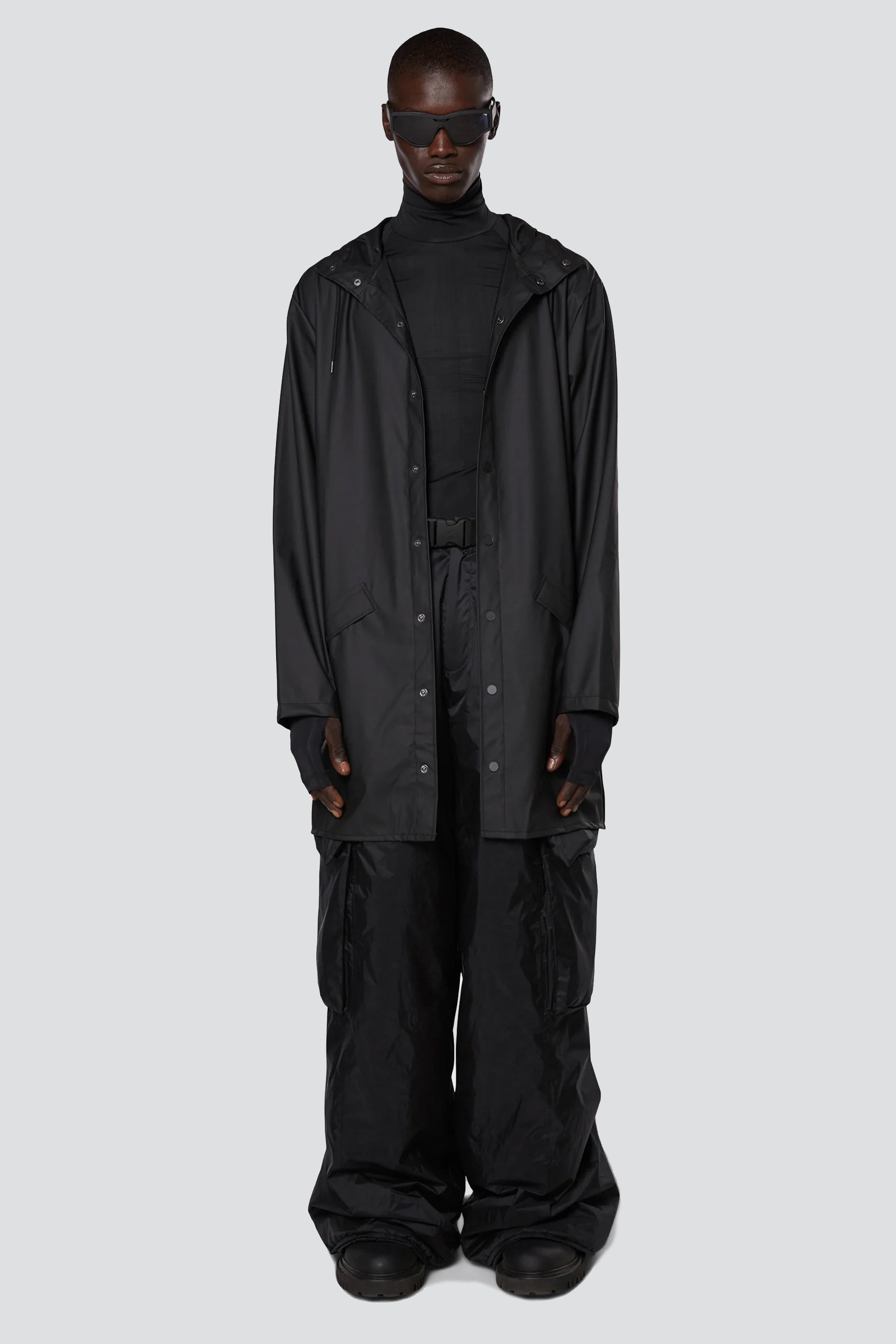 Black Hooded Rain Long Jacket